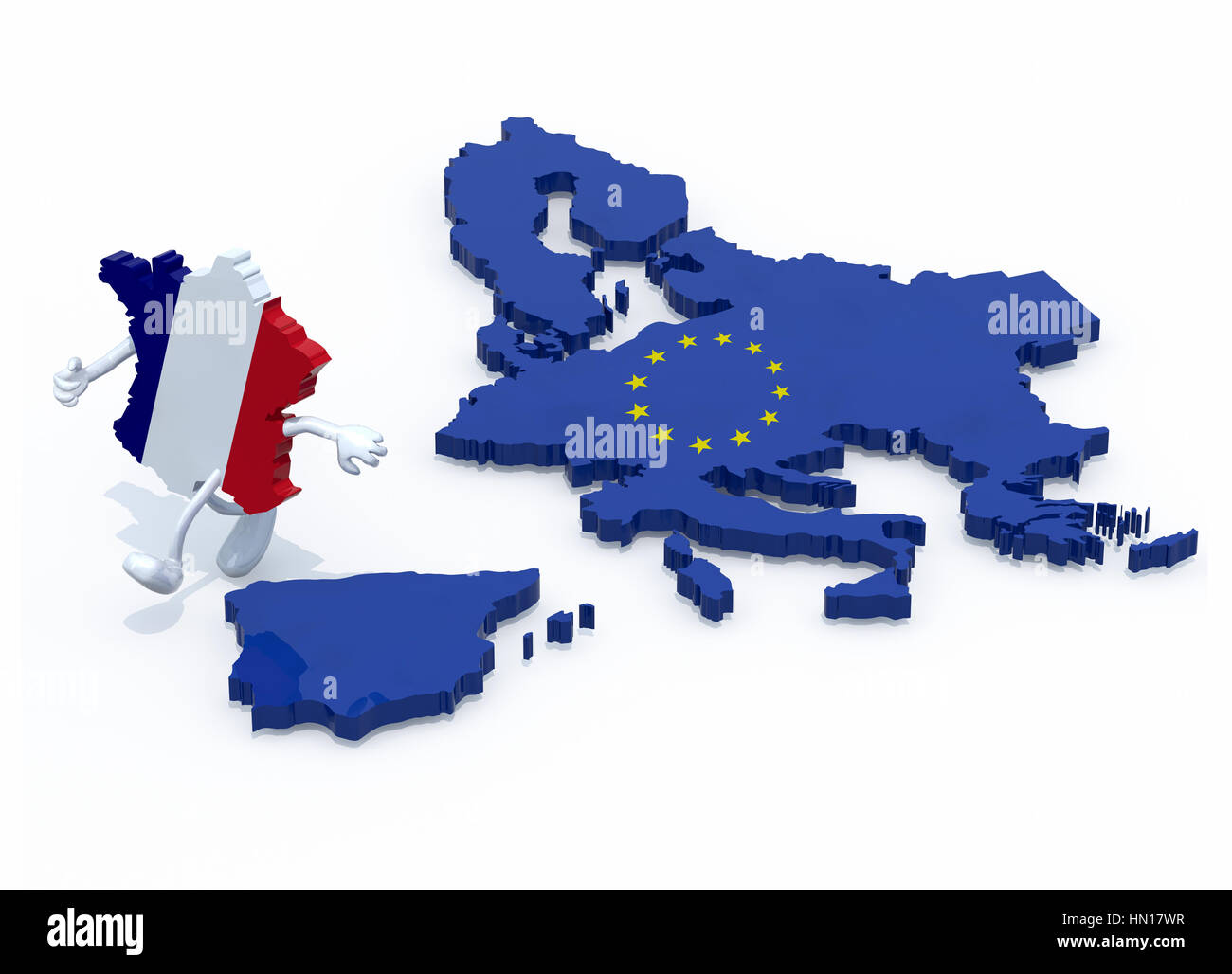 Mappa della Francia con le braccia e le gambe che corre lontano dall' Europa, 3d illustrazione Foto Stock