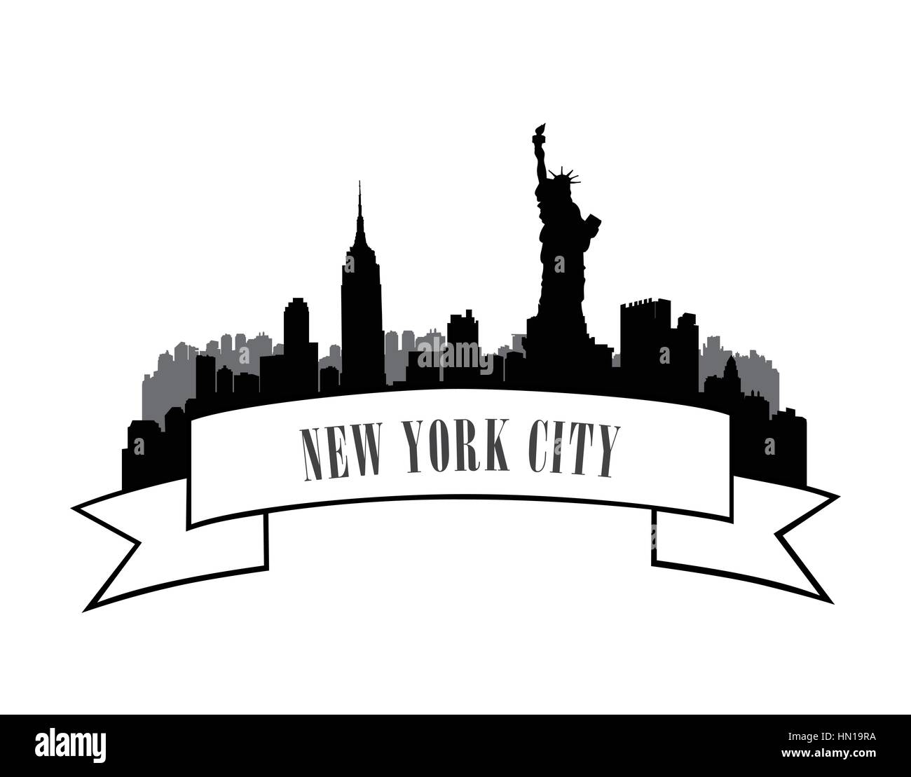 New york, Stati Uniti d'America skyline sketch. New York City con silhouette monumento liberty city silhouette skyline. panorama emblema della città. skyline etichetta urbana Illustrazione Vettoriale