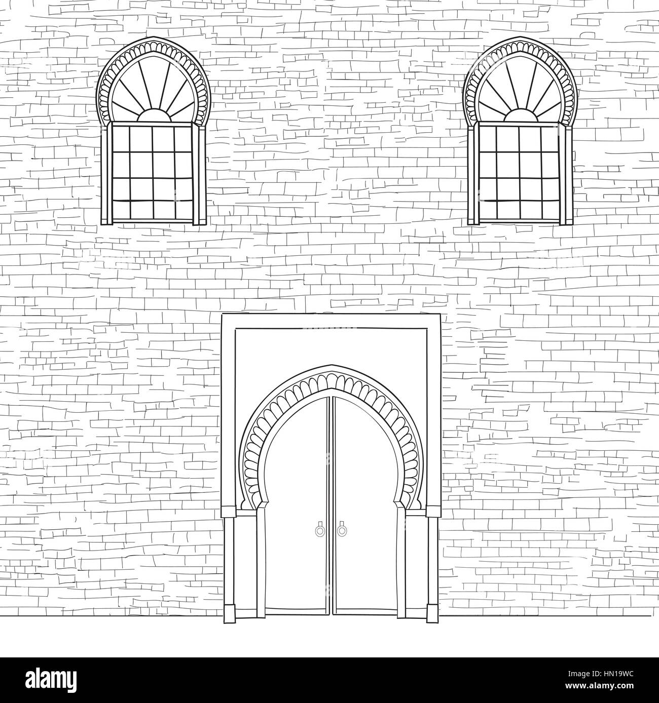 Via porta di sfondo in stile musulmano. sportello anteriore oriental house facciata. encient arabo facciata di edificio. islamica vintage sfondo architettonico Illustrazione Vettoriale