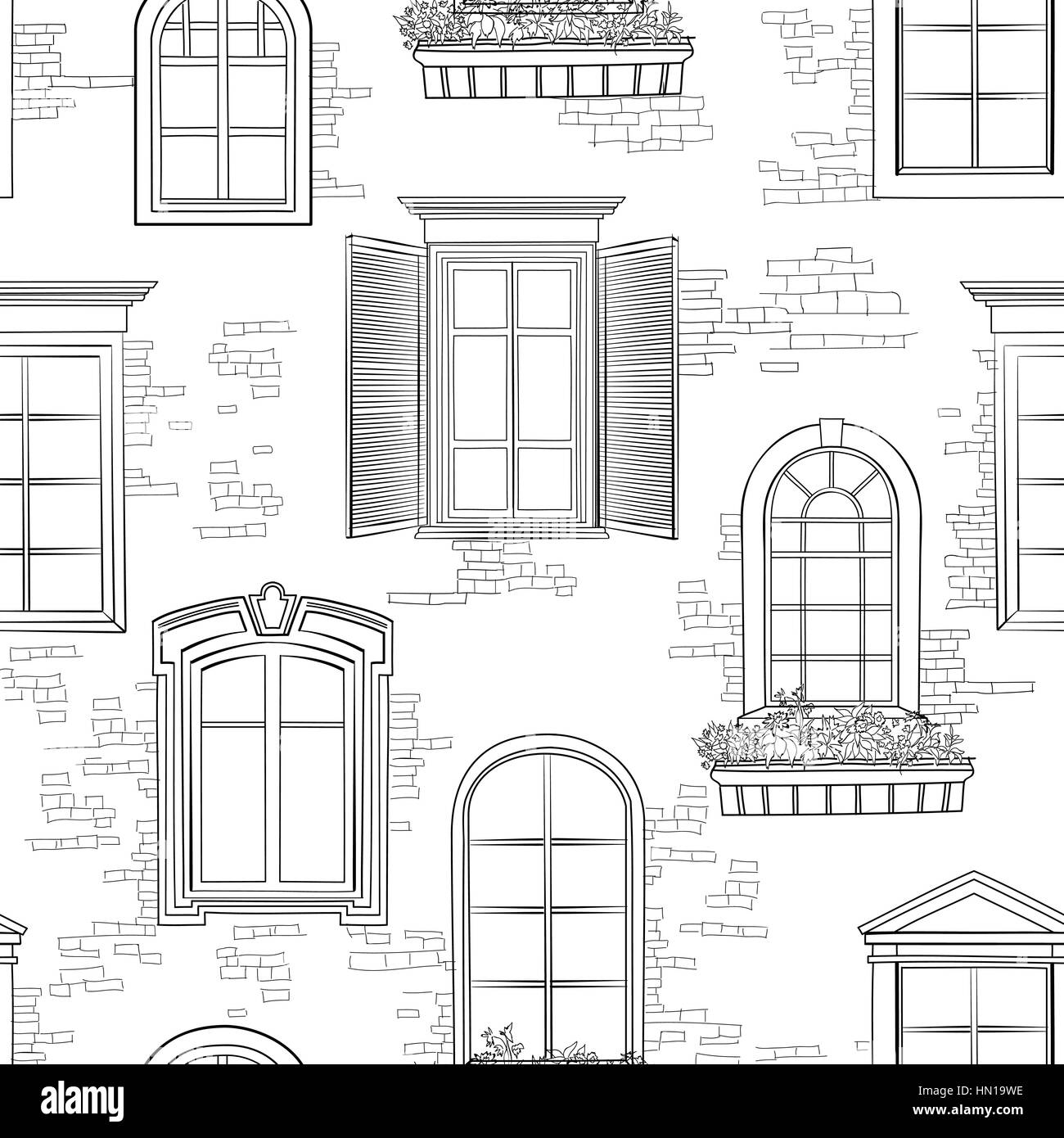 Modello di finestra. diverso stile architettonico di windows doodle schizzo seamless sfondo ornamentale Illustrazione Vettoriale