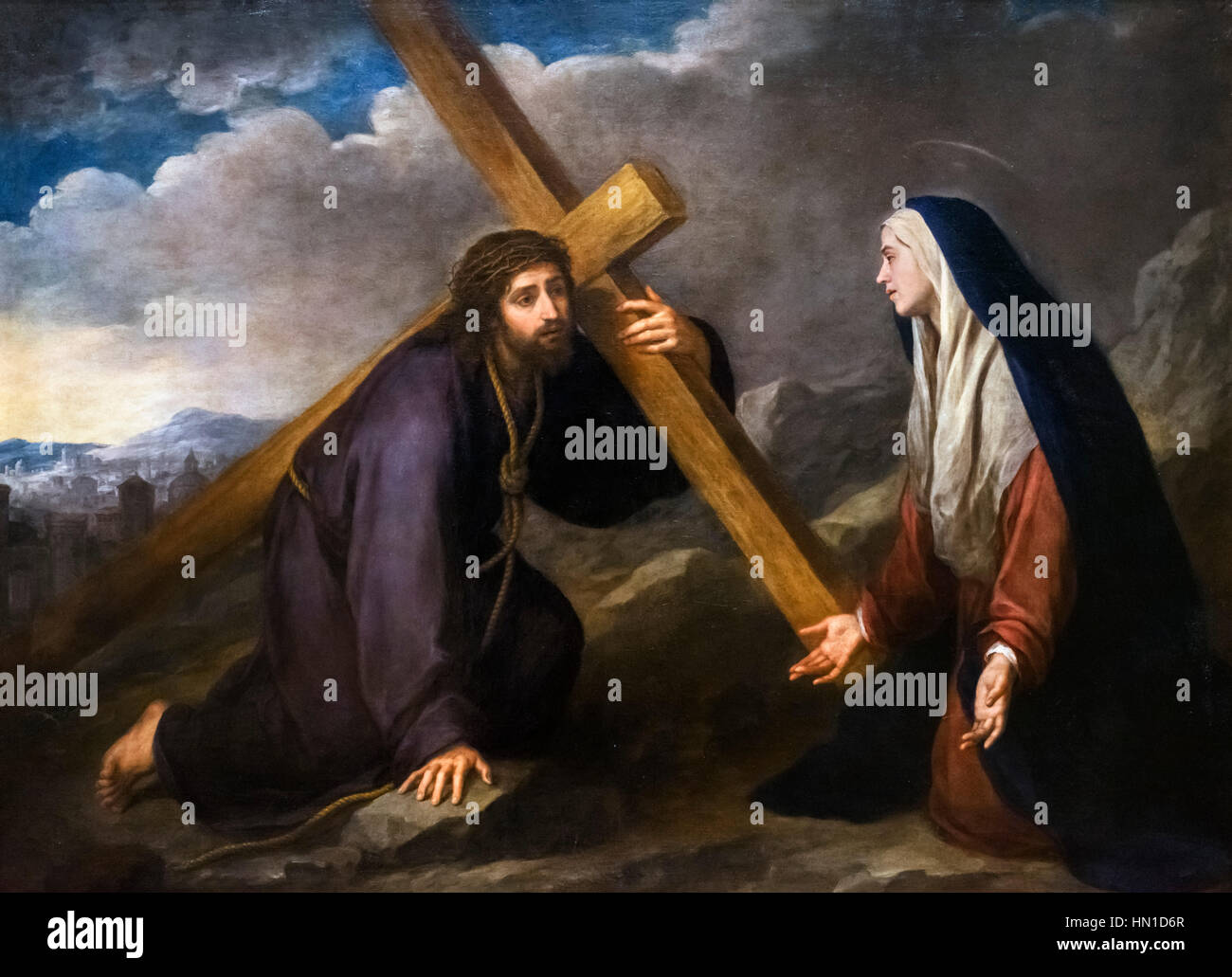 Murillo pittura. "Cristo incontra la Vergine Maria sulla via del Calvario' da Bartolome Esteban Murillo (1618-1682), olio su tela, c.1665-75. La crocifissione di Cristo la pittura. Foto Stock