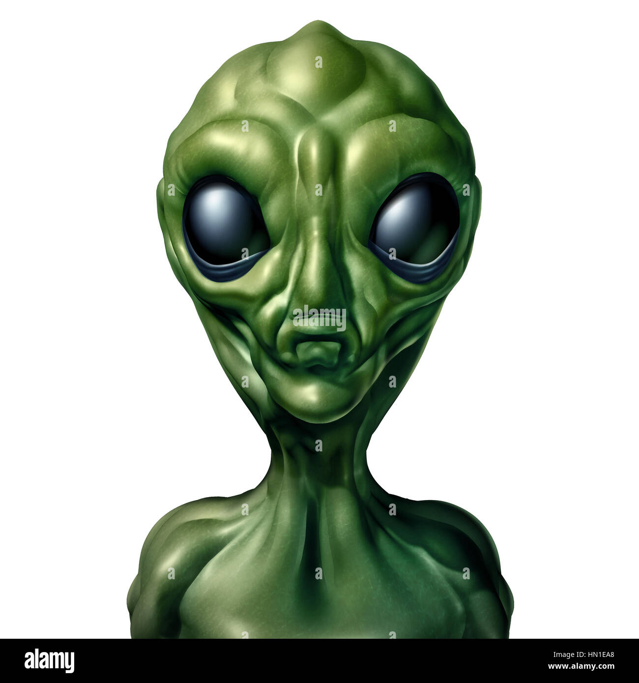Carattere di alieni e UFO visitatore extraterrestre e umanoide una creatura verde il concetto di avvistamento come un simbolo per la ricerca di vita intelligente in u Foto Stock