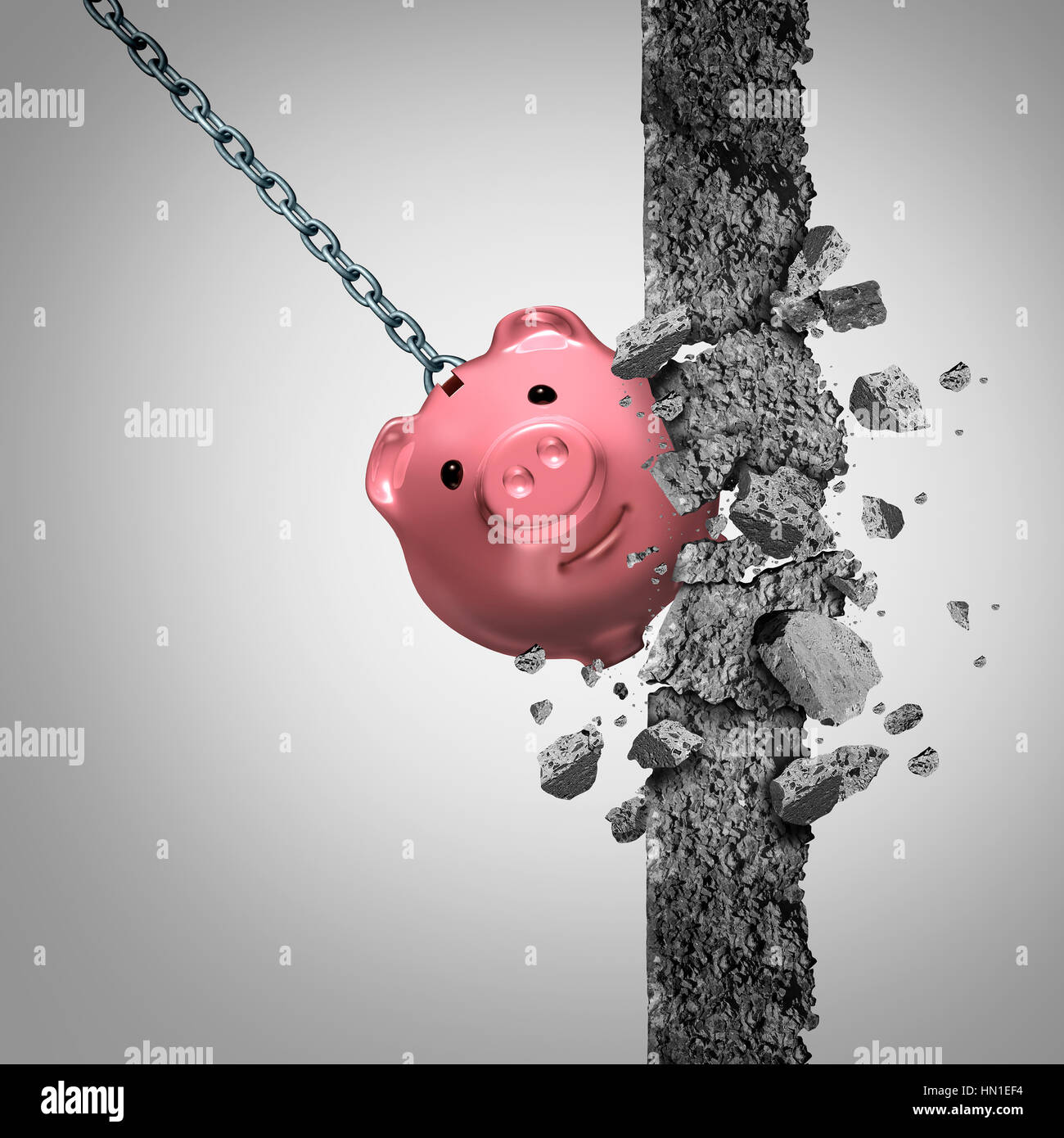 Forte concetto di finanze o rompere la metafora della banca e la libertà finanziaria simbolo come un solido Wrecking Ball conformata come un risparmio piggy demolendo un wa Foto Stock
