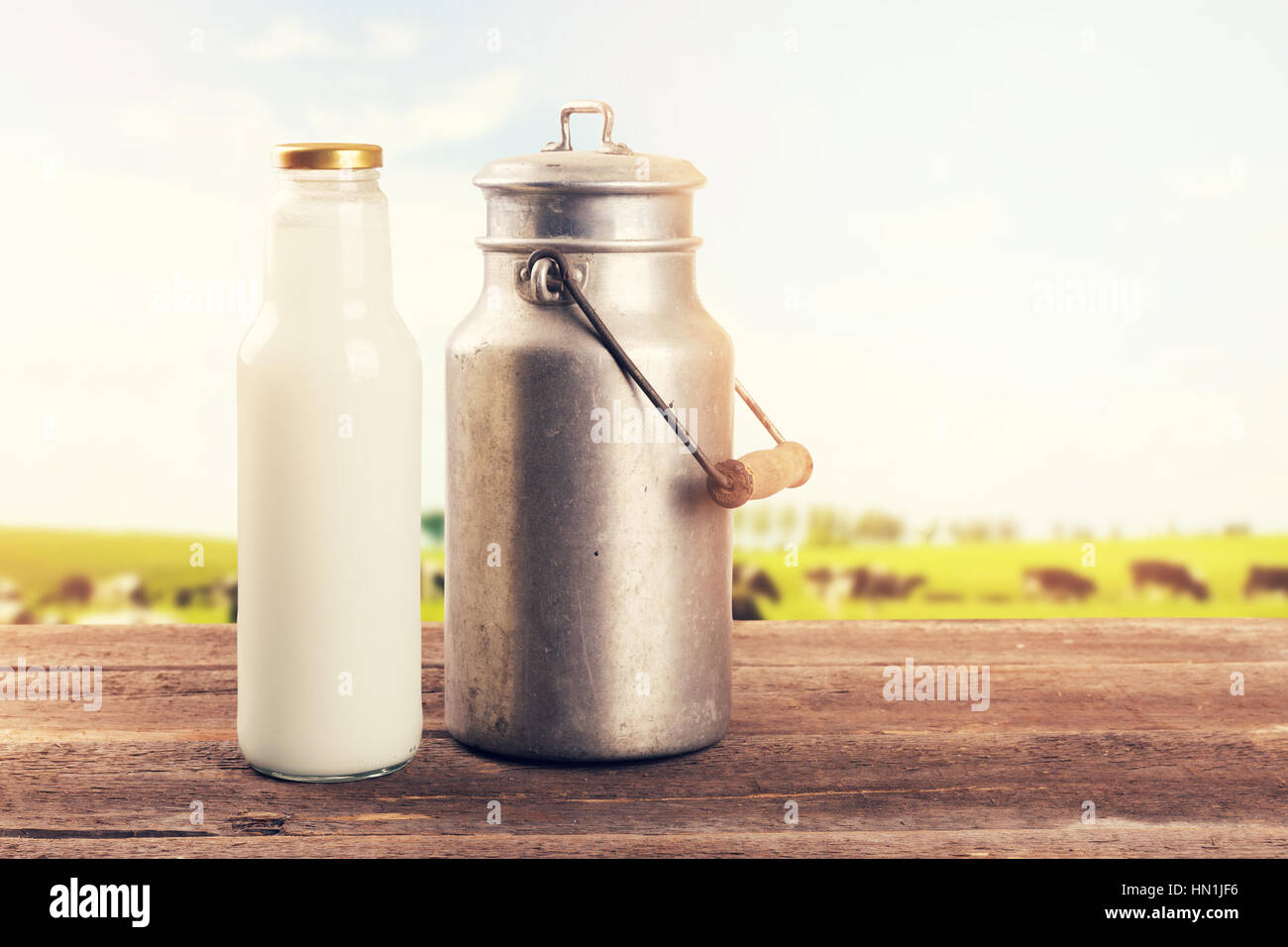 Il latte può e la bottiglia sul tavolo vicino alla mucca prato Pascolo Foto Stock