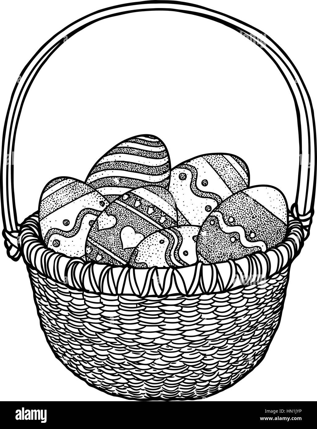Uova di Pasqua in un cestello di illustrazione, disegno, incisione Illustrazione Vettoriale