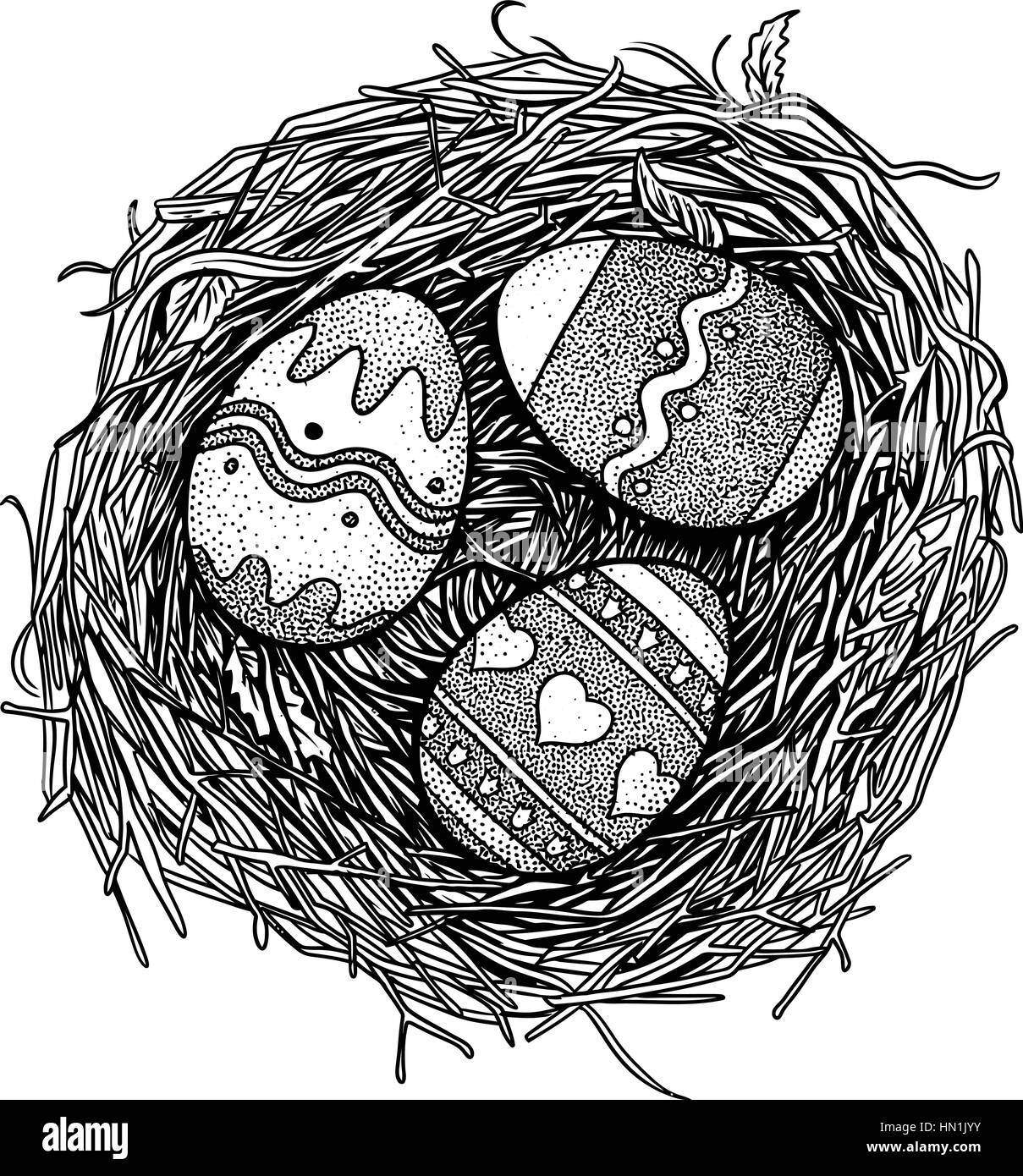 Uovo di Pasqua, bird nest, illustrazione, disegno, incisione Illustrazione Vettoriale