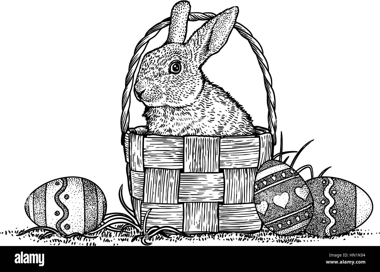 Coniglio, bunny, basket, uova, illustrazione di pasqua, disegno, incisione, line art Illustrazione Vettoriale
