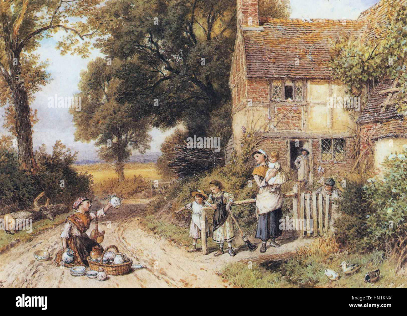 "The China Peddler" di Myles Birket Foster cattura un momento di commercio, con un venditore ambulante che offre le sue merci a un gruppo di persone. La scena è ambientata in un villaggio rurale inglese, che mette in risalto l'interazione commerciale e sociale del XIX secolo. Lo stile ad acquerello di Foster enfatizza la luce naturale e l'atmosfera tranquilla del villaggio, offrendo uno sguardo sulla vita quotidiana del tempo. Foto Stock