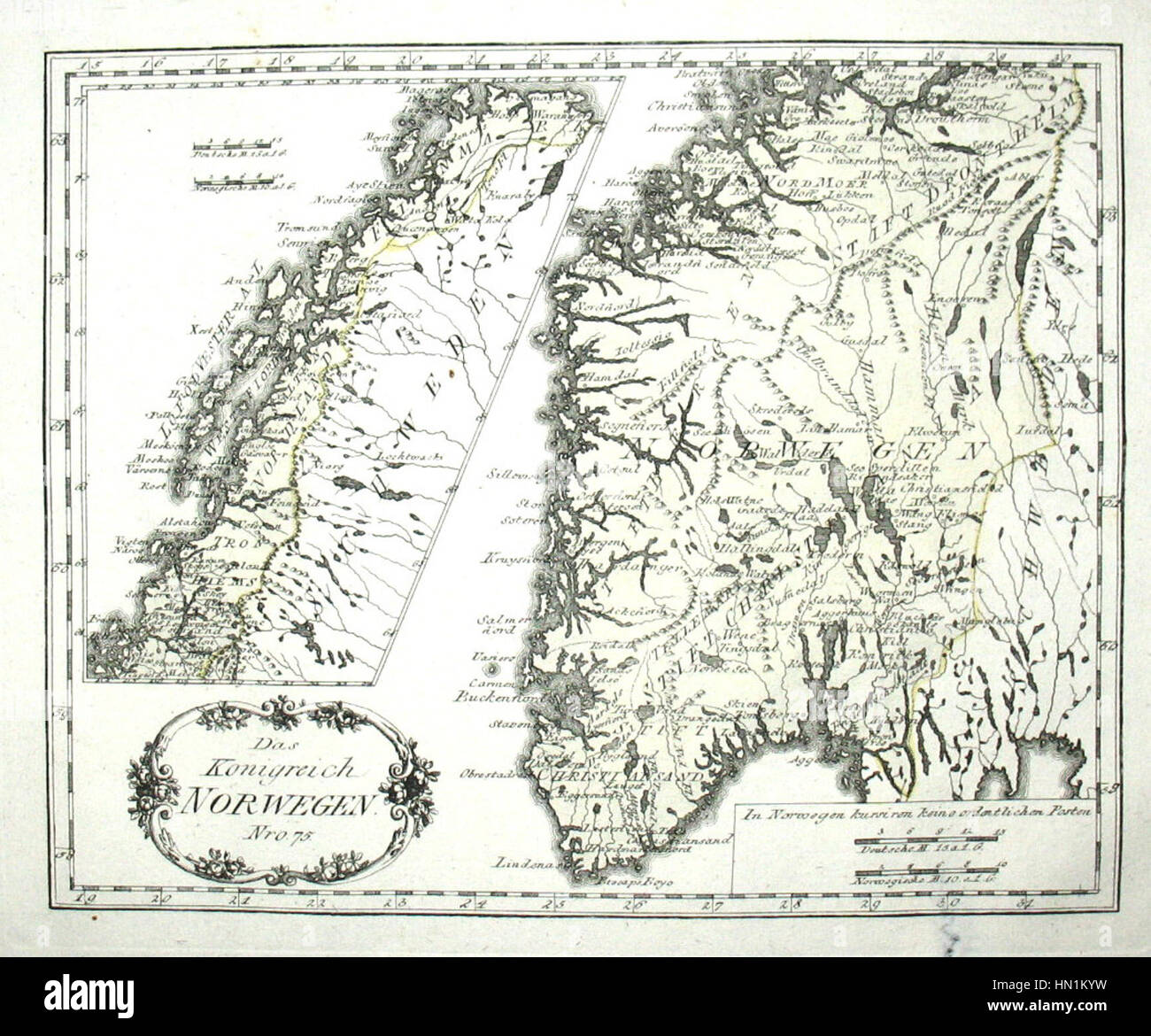 La mappa della Norvegia del 1791 di Reilly fornisce una rappresentazione geografica dettagliata del paesaggio norvegese durante la fine del XVIII secolo. Questa mappa mette in evidenza la topografia, le città chiave e le caratteristiche naturali della regione, offrendo un'idea della geografia della Norvegia pre-industriale. Foto Stock