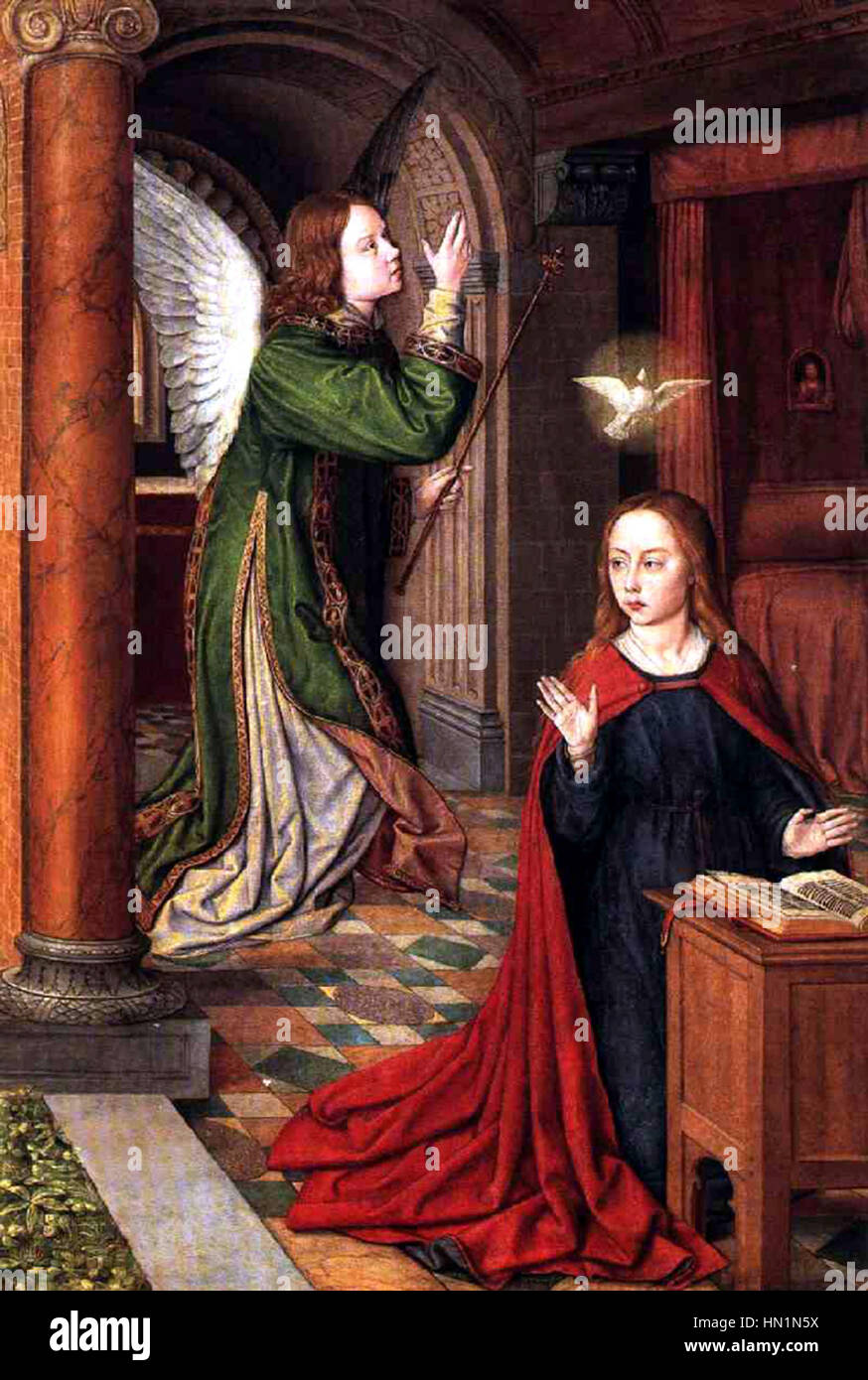 "L'Annunciazione" del Maestro di Moulins è un dipinto tardo gotico che raffigura la scena biblica dell'Angelo Gabriele che annuncia la gravidanza divina della Vergine Maria. La scena è raffigurata con un'attenta attenzione ai dettagli e agli elementi simbolici. Foto Stock "L'Annunciazione" del Maestro di Moulins è un dipinto tardo gotico che raffigura la scena biblica dell'Angelo Gabriele che annuncia la gravidanza divina della Vergine Maria. La scena è raffigurata con un'attenta attenzione ai dettagli e agli elementi simbolici. Foto Stock