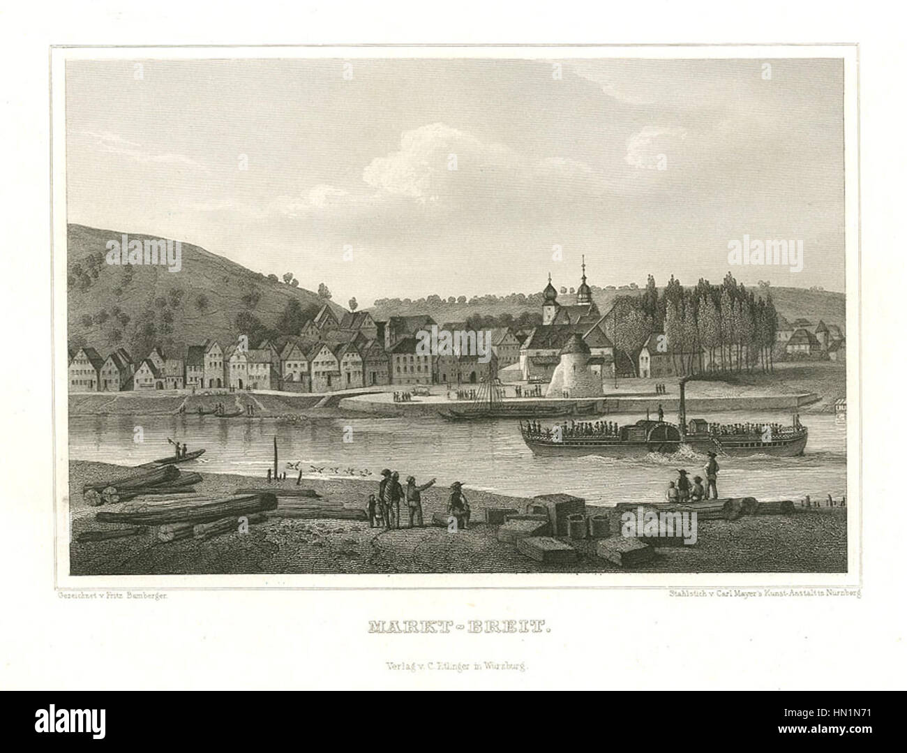 Questa incisione in acciaio del 1847 raffigura la città di Marktbreit in Germania. L'immagine dettagliata mostra l'architettura, le strade e il paesaggio rurale, caratteristico delle città tedesche durante il XIX secolo. Foto Stock