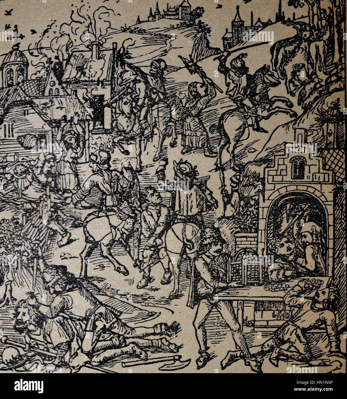 *Napad vitezov na kmete* (attacco dei Cavalieri al contadino), da *Der Bauer* di A. Bartels, è una rappresentazione drammatica di una scena di battaglia medievale. L'illustrazione cattura la violenza e il caos del tempo, concentrandosi sul conflitto tra cavalieri e contadini, evidenziando le tensioni sociali e politiche del periodo. Foto Stock