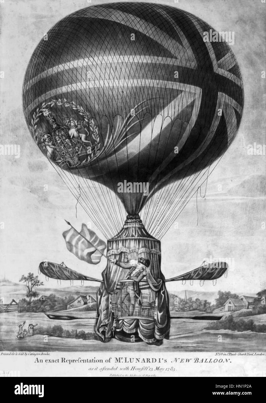 L'ascesa di Lunardi in mongolfiera il 13 maggio 1785, viene catturata in questo dipinto storico, evidenziando lo spirito pionieristico dell'aviazione primitiva e l'eccitazione che circonda il pallone nel XVIII secolo. Foto Stock