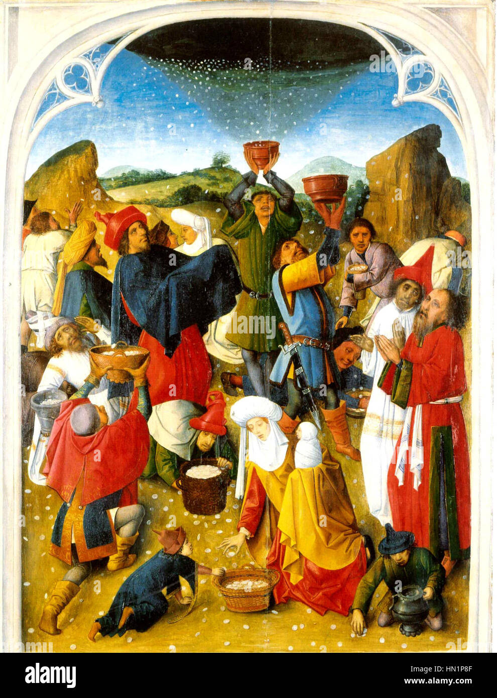 L'incontro della Manna è una scena religiosa che raffigura la storia biblica degli Israeliti che raccolgono la manna, il cibo miracoloso fornito da Dio durante il loro viaggio attraverso il deserto. L'opera mette in evidenza la provvidenza divina e il sostentamento offerto da Dio nei momenti di bisogno. Foto Stock