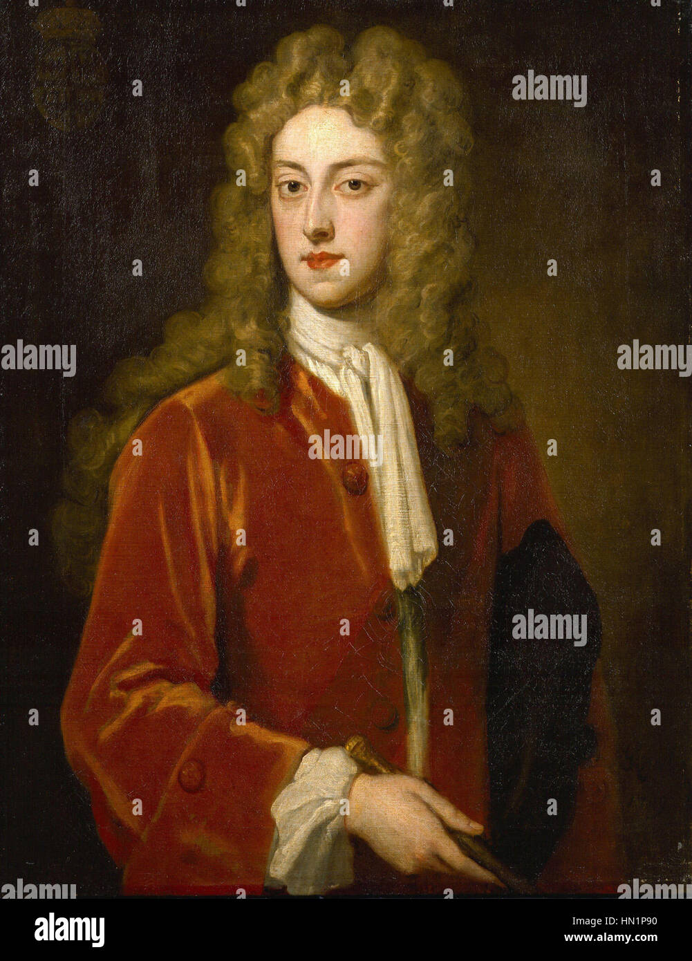 Il ritratto di John Montagu, II duca di Montagu, dipinto da Sir Godfrey Kneller, presenta il nobile in abbigliamento formale, riflettendo il suo alto status nella società britannica. La tecnica di Kneller cattura l'eleganza aristocratica e la dignità del duca durante la fine del XVII secolo. Foto Stock