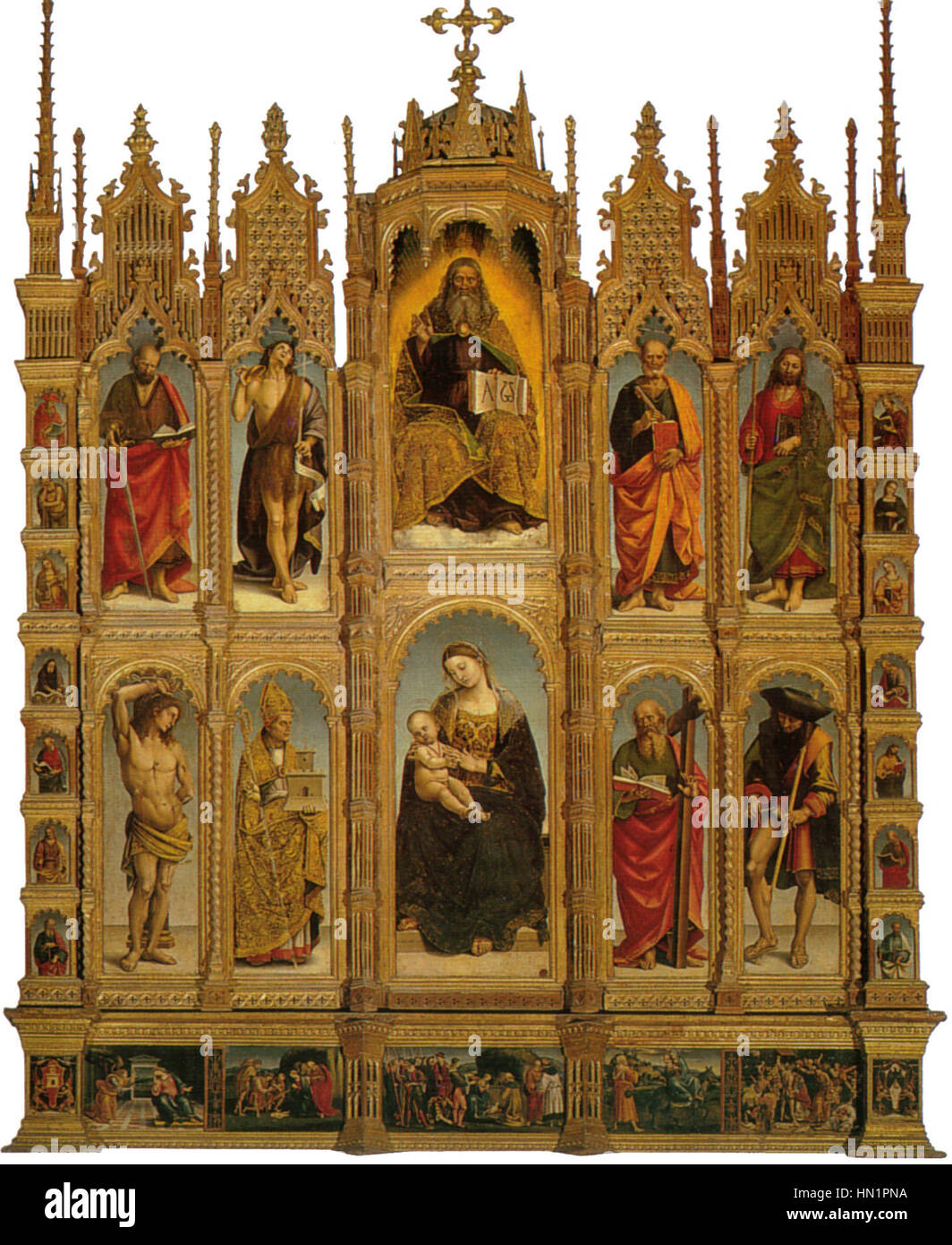 Il "Polittico di Arcevia" di Luca Signorelli è una pala d'altare rinascimentale che mostra scene bibliche con un uso magistrale di prospettiva, luce e colore. Esemplifica l'arte religiosa del Rinascimento italiano. Foto Stock Il "Polittico di Arcevia" di Luca Signorelli è una pala d'altare rinascimentale che mostra scene bibliche con un uso magistrale di prospettiva, luce e colore. Esemplifica l'arte religiosa del Rinascimento italiano. Foto Stock