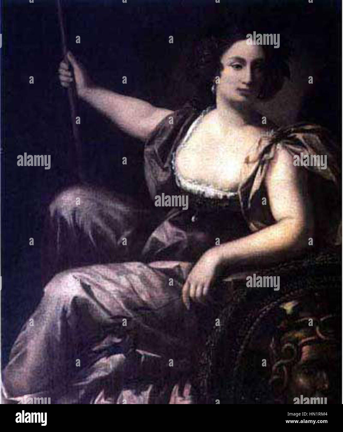 "Minerva" di Artemisia Gentileschi raffigura la dea romana della saggezza e della guerra, spesso ritratta come simbolo di forza e conoscenza. La versione di Gentileschi enfatizza sia l'intelletto che l'abilità marziale della dea. Foto Stock