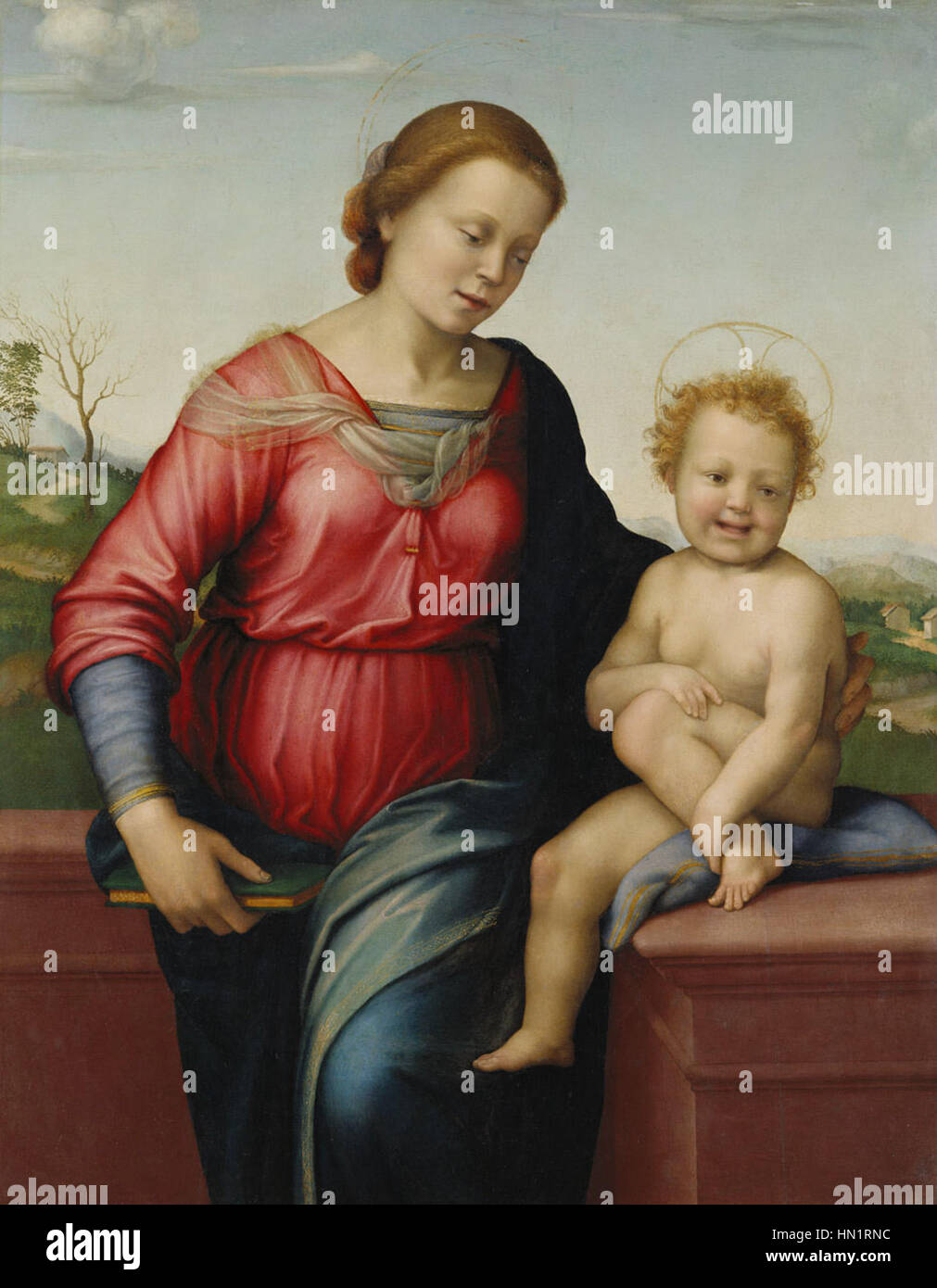 La "Madonna e Cristo bambino" di Franciabigio raffigura la Vergine Maria che tiene il Cristo bambino, catturando la tenerezza e la purezza divina del momento in uno stile che riflette il primo Rinascimento. Foto Stock