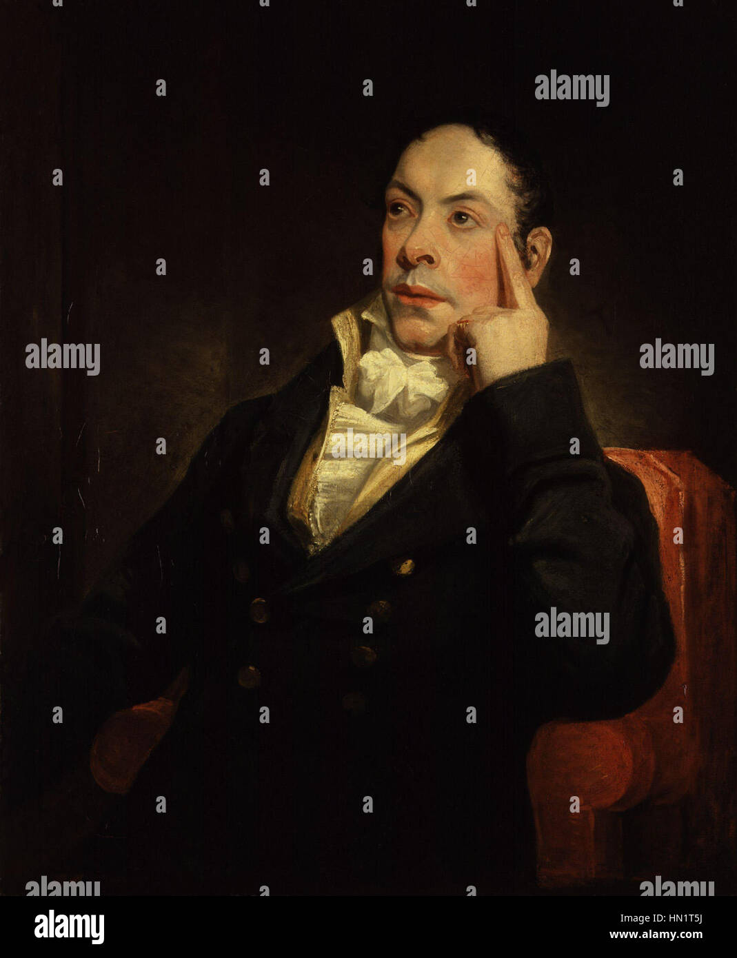 Il ritratto di Matthew Gregory Lewis, creato da Henry William Pickersgill, cattura il notevole autore inglese in un ambiente formale. Noto per la sua letteratura gotica, Lewis è ritratto in modo dignitoso, evidenziando la sua importanza nella storia letteraria inglese durante l'inizio del XIX secolo. Foto Stock