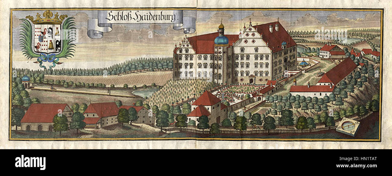 Lo "Schloss Haidenburg" di Michael Wening raffigura il castello di Haidenburg in Baviera, Germania, mostrando le sue caratteristiche architettoniche e il paesaggio circostante. Il dipinto riflette l'importanza storica del castello nel patrimonio culturale della regione. Foto Stock