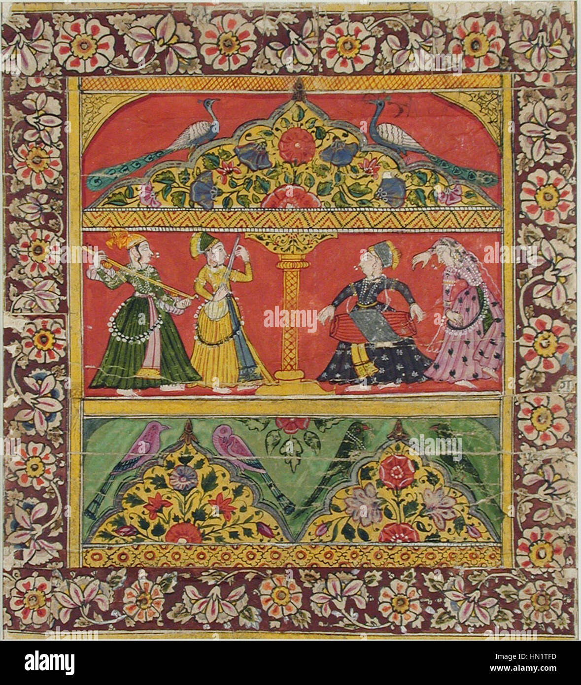 Questa opera raffigura musicisti che si esibiscono sotto un baldacchino decorativo, sottolineando il loro ruolo nell'intrattenimento e nella cultura. La scena è vivace e vivace, concentrandosi sugli aspetti musicali e sociali del periodo. Foto Stock