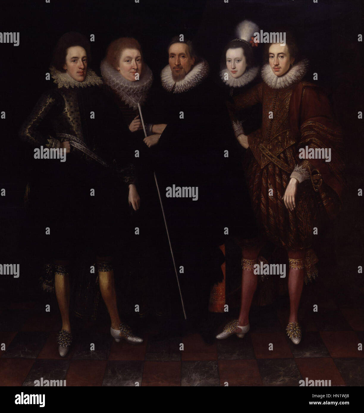 Questo ritratto di Paul Van Somer raffigura il i conte di Monmouth e la sua famiglia, catturando la famiglia aristocratica in abbigliamento formale. Il dipinto riflette la grandezza e lo stato sociale del periodo. Foto Stock