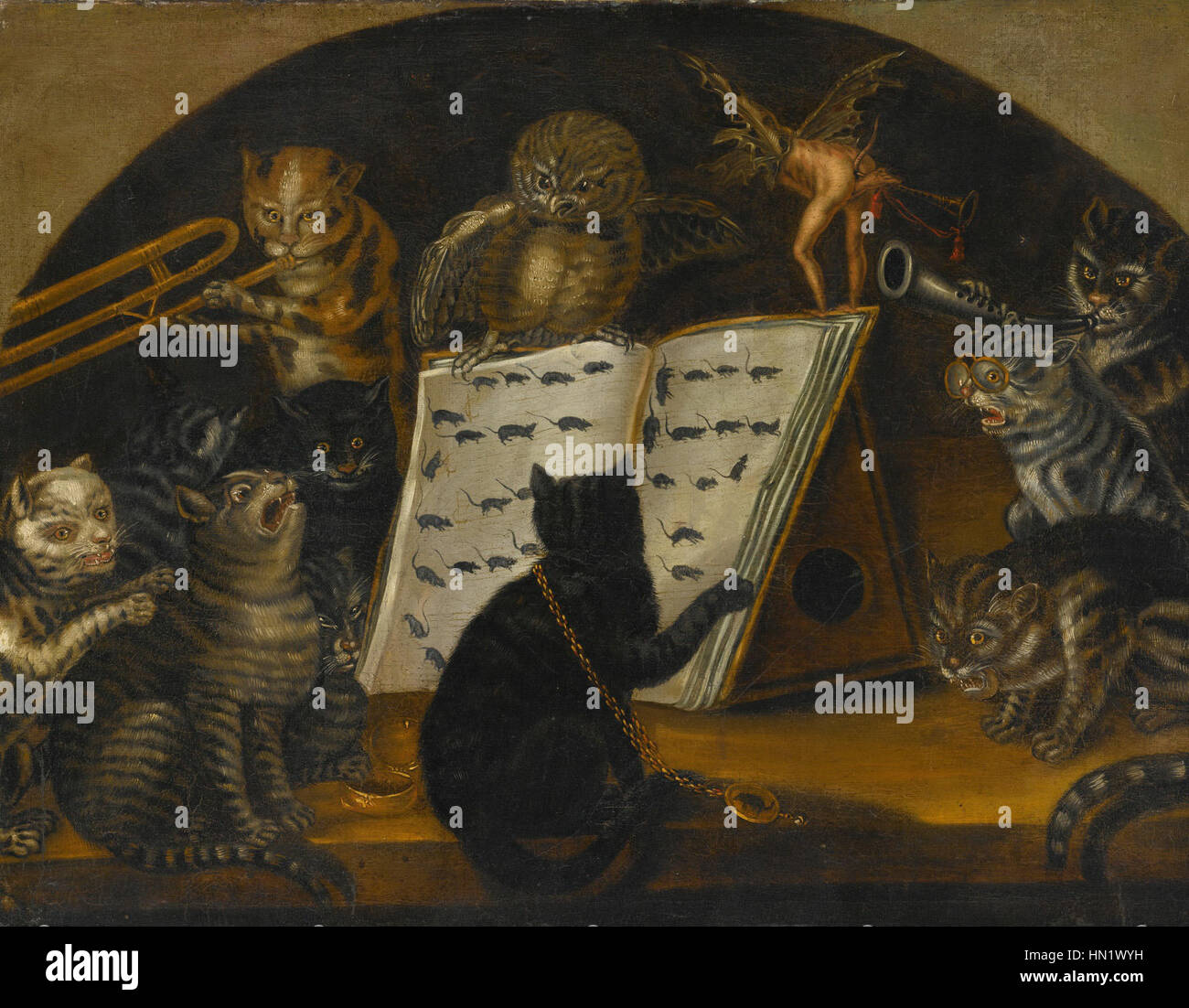 Scuola lombarda c1700 Gatti essendo indicato nella tecnica del mouse-cattura da un gufo Foto Stock