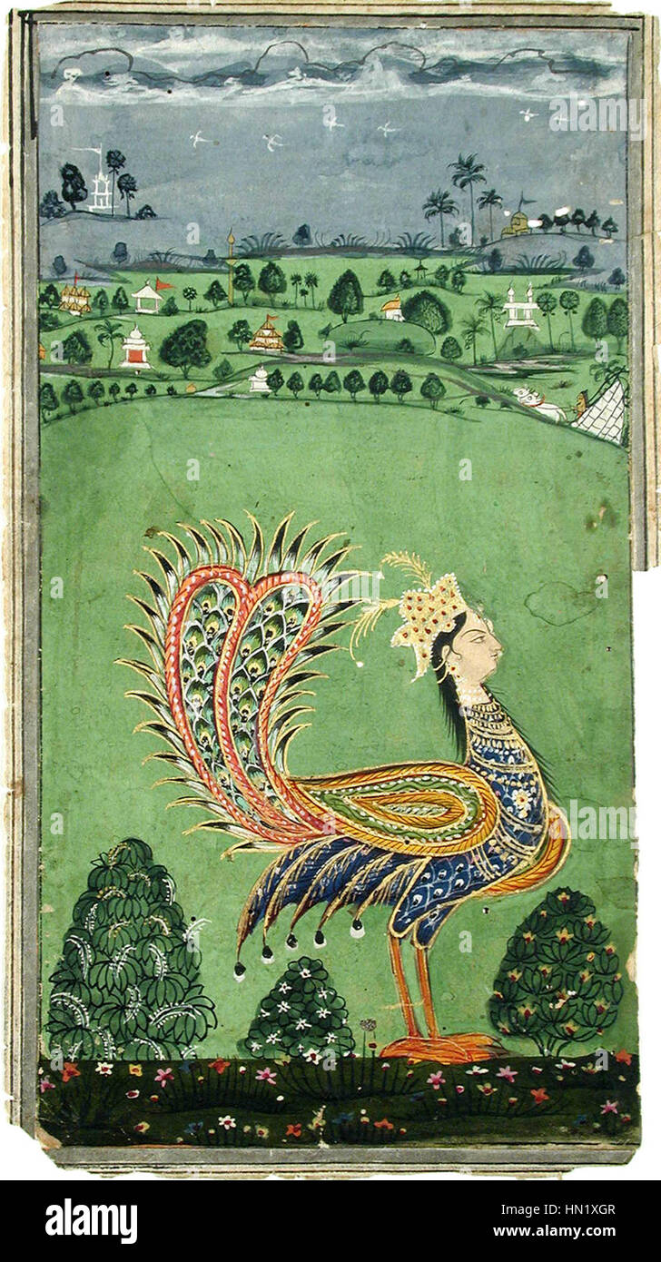 Questa opera raffigura un pavone mitico con la testa di una donna, che unisce elementi di fantasia e simbolismo. Le vivaci piume del pavone e il volto della donna creano una combinazione sorprendente, spesso associata a qualità divine o mistiche in contesti mitologici. Foto Stock