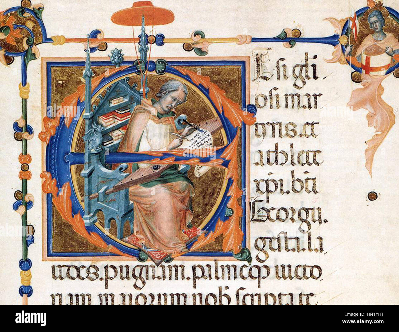Il "codice di San Giorgio" del Maestro del codice di San Giorgio è un manoscritto medievale che illustra varie scene della vita di San Giorgio. Folio 17r contiene dettagliate illuminazioni, che mostrano le tecniche artistiche del tardo medioevo. Foto Stock