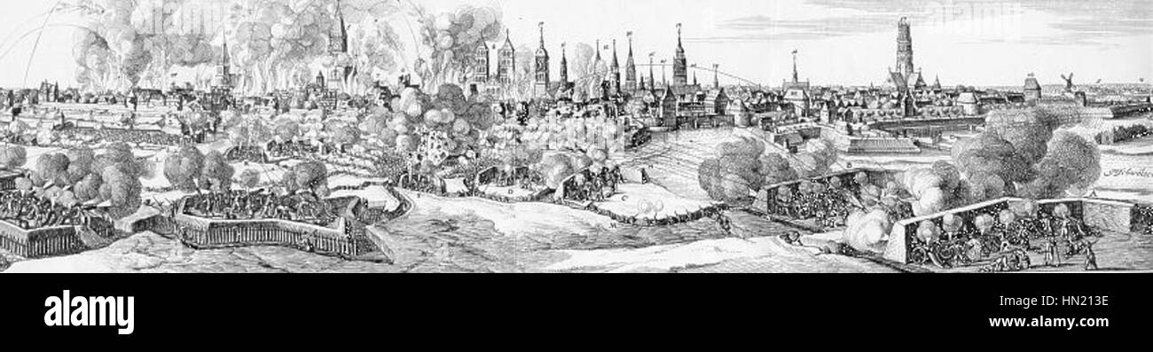 Questa rappresentazione storica di Muenster sotto assedio nel 1657 illustra l'intenso conflitto militare durante il periodo. La scena cattura gli sforzi difensivi degli abitanti della città mentre respingono gli aggressori in questo momento critico dell'assedio. Foto Stock