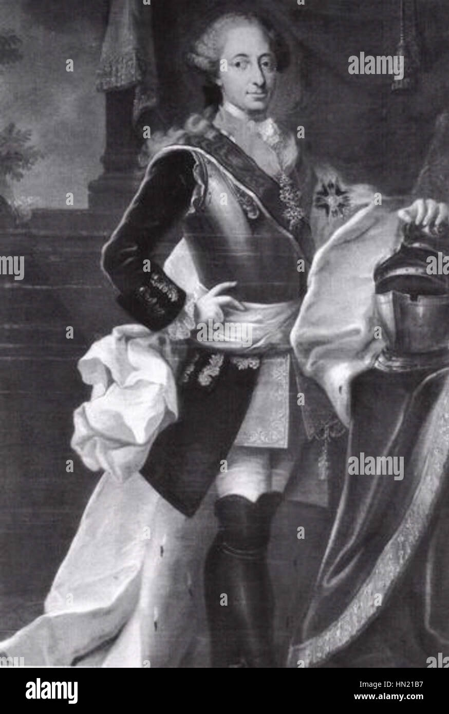 Massimiliano III fu un imperatore del Sacro Romano Impero nel XVI secolo. Il suo ritratto cattura le sue regalie imperiali e la sua presenza dignitosa, riflettendo il suo ruolo significativo nella storia europea. Foto Stock