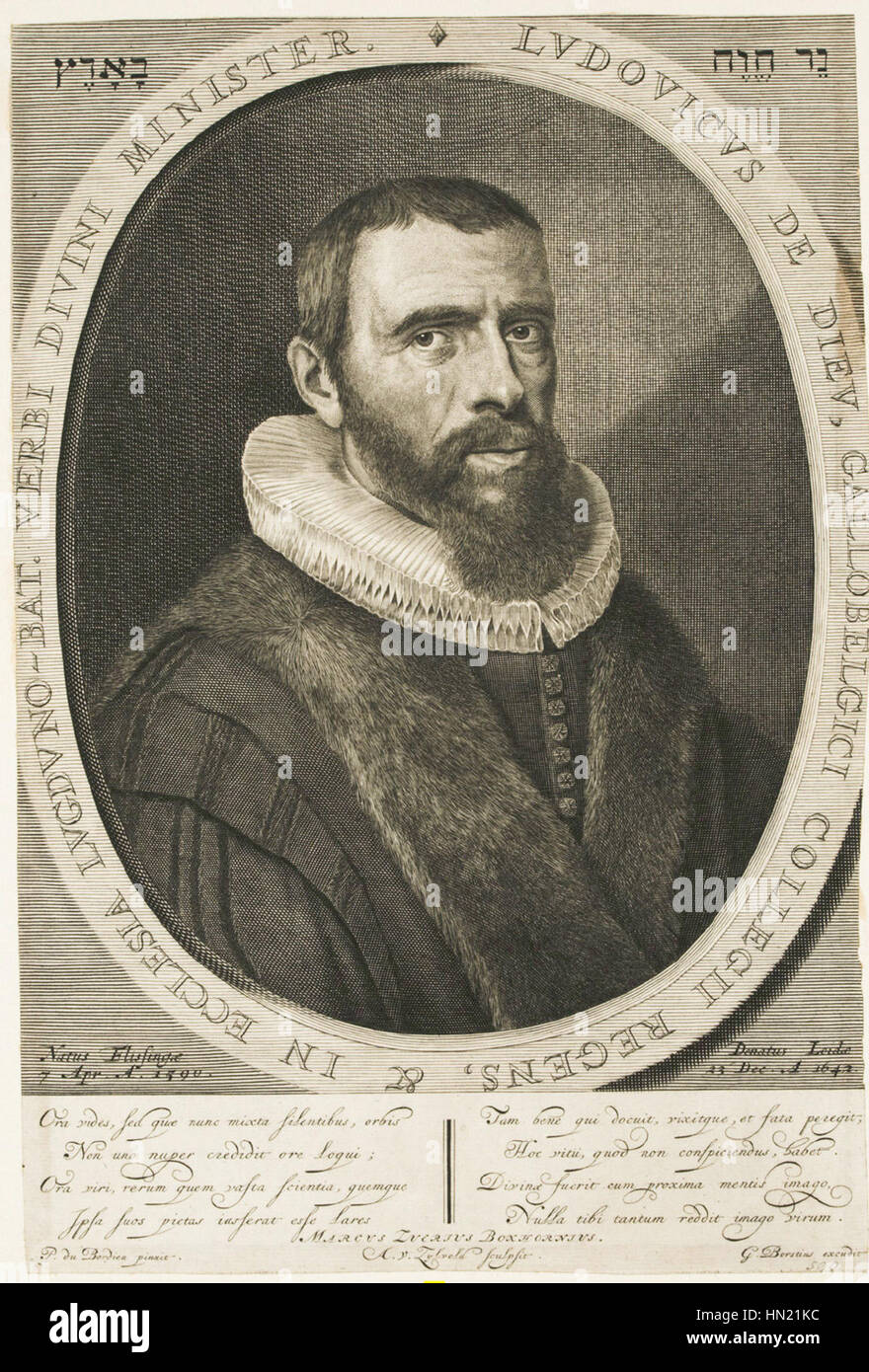 Questo ritratto di Anthony van Zylvelt raffigura Louis de Dieu, un rinomato studioso e teologo del XVII secolo. L'opera mette in evidenza la natura intellettuale e accademica di de Dieu, catturando l'essenza del suo personaggio in modo raffinato e ponderato. Foto Stock
