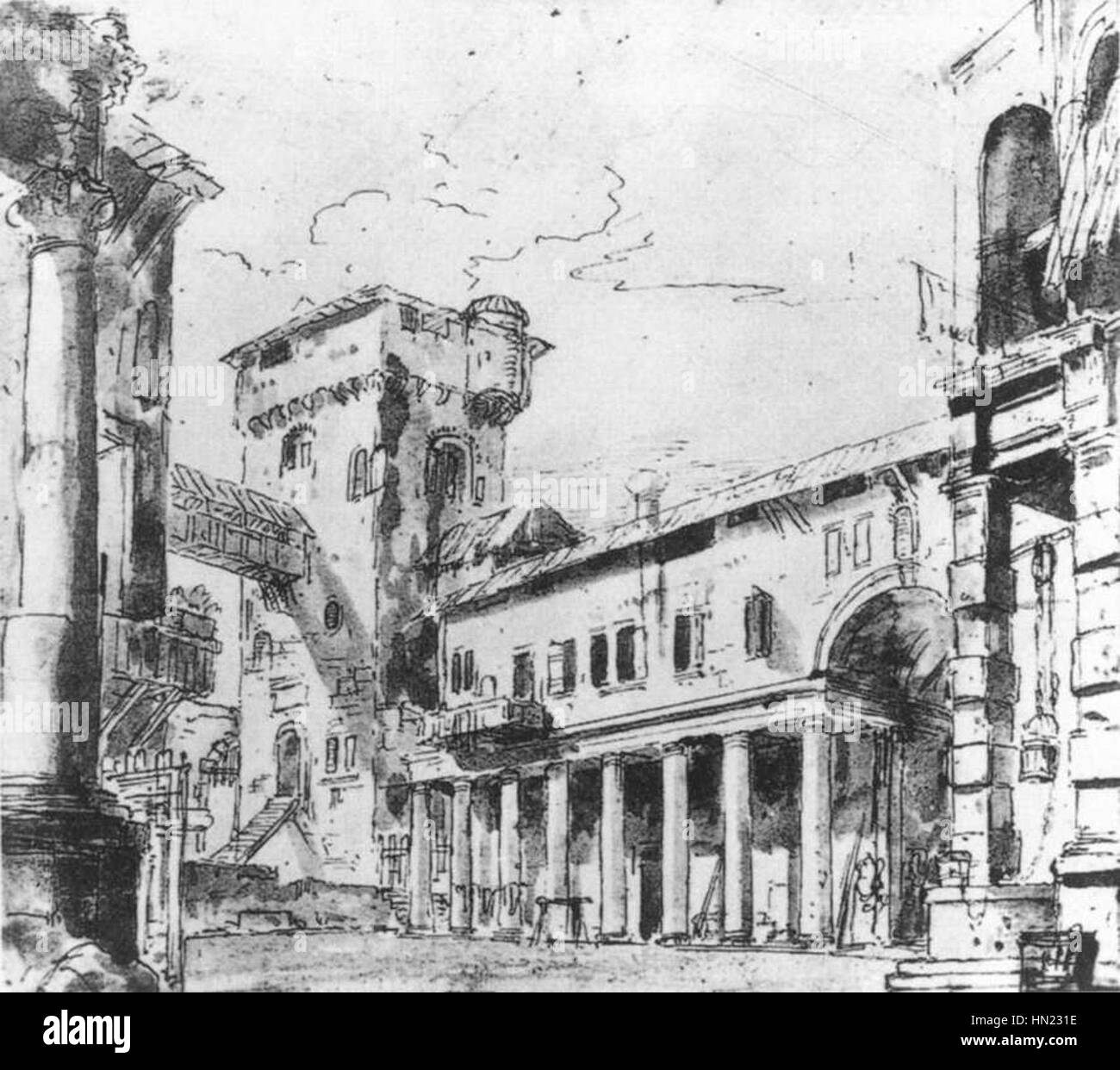 Il "cortile di un palazzo immaginario" di Marco Ricci presenta un fantastico ambiente architettonico, tipico dello stile rococò e barocco. Il dipinto ritrae un cortile ornato con grandi colonne, vegetazione lussureggiante e cieli sereni. Ricci era noto per i suoi paesaggi, e questo lavoro enfatizza sia il suo design fantasioso che l'uso sapiente della prospettiva e della luce. Foto Stock