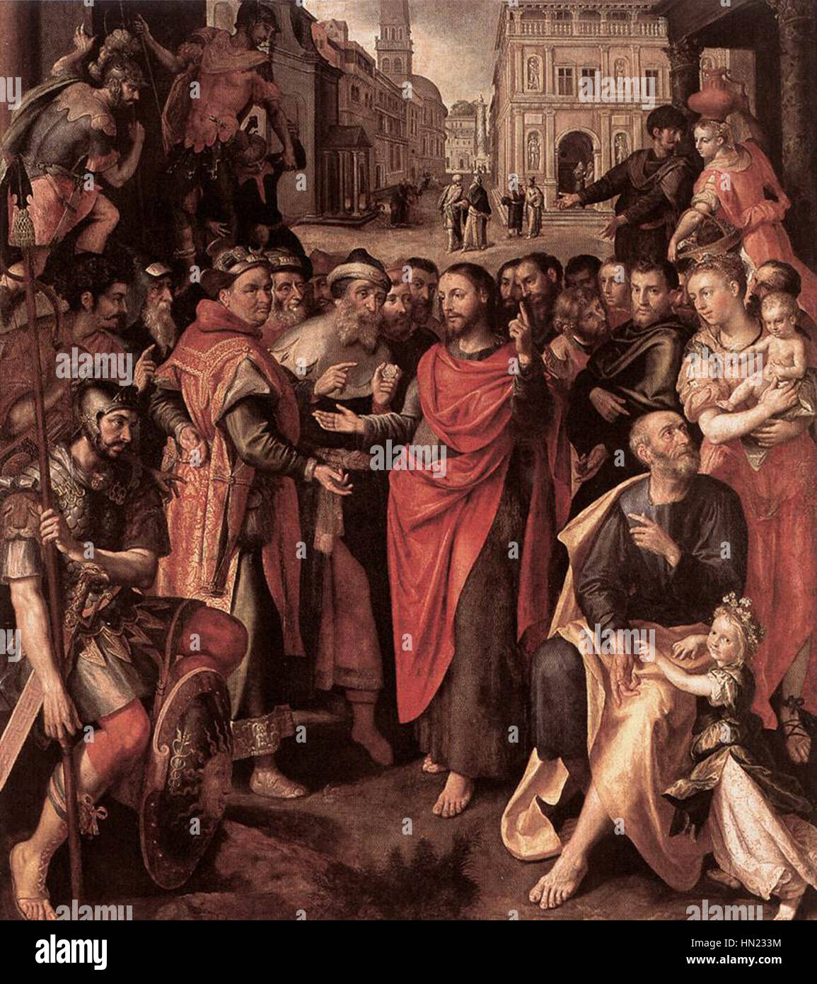 "Emperor-1-" di Marten de Vos è un ritratto di un imperatore, che riflette l'abilità dell'artista nel ritrarre il potere e l'autorità. Il ritratto mette in evidenza la dettagliata raffigurazione dell'abbigliamento imperiale e delle caratteristiche regali. Foto Stock