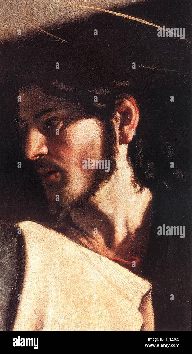 La "chiamata di San Matteo" di Caravaggio cattura il momento in cui Cristo chiama Matteo a seguirlo. Il dipinto dettagliato mostra la maestria di luce e ombra del Caravaggio, evidenziando l'intensità drammatica della scena. Foto Stock