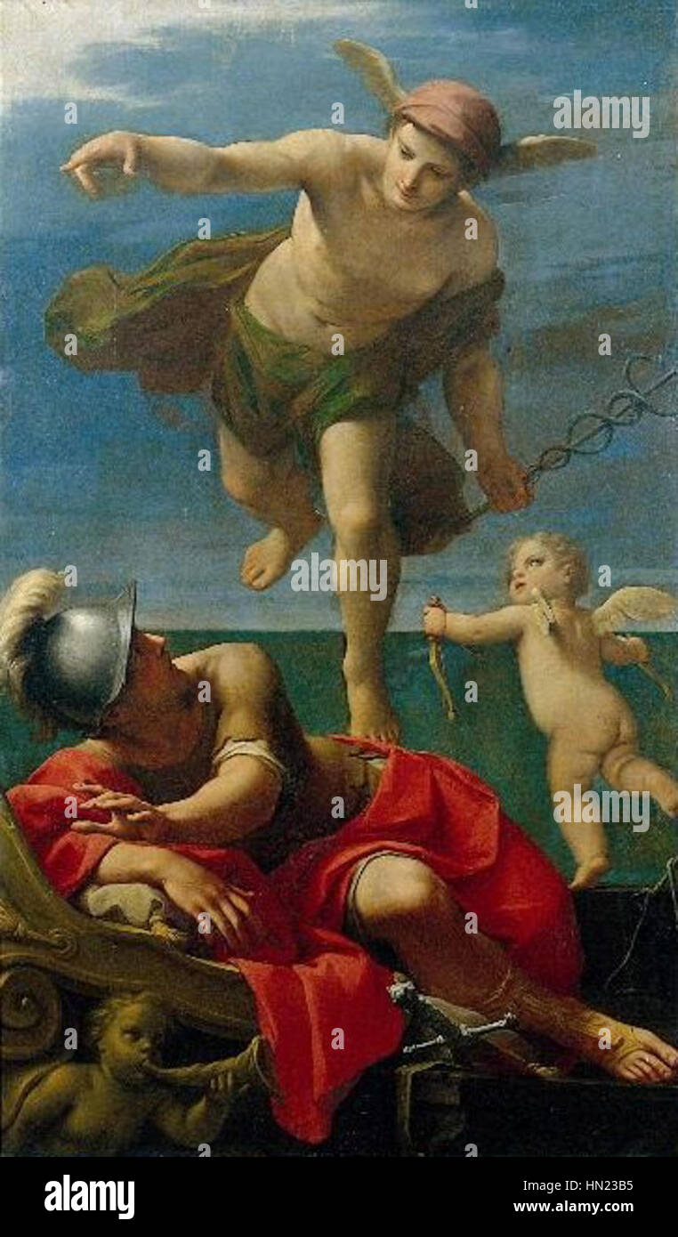 "Mercurio despierta a Eneas" di Marcantonio Franceschini ritrae il momento in cui mercurio risveglia Enea nella mitologia classica. Il lavoro cattura figure dinamiche e un momento dalla leggendaria storia del viaggio dell'eroe troiano. Foto Stock