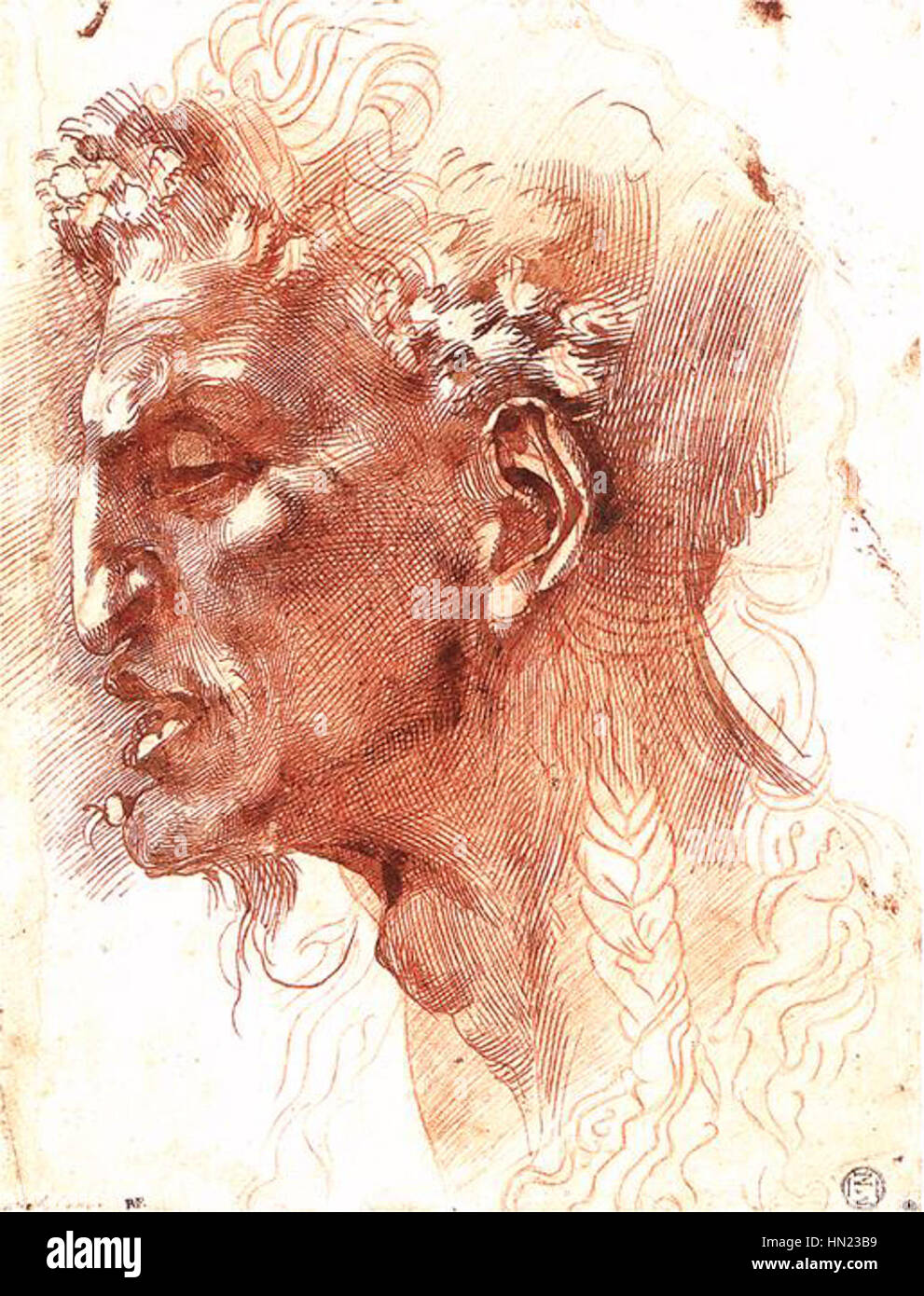 La "testa di Satyr" di Michelangelo è un disegno che mostra la sua maestria nello studio anatomico. Il pezzo esplora le caratteristiche dettagliate e la struttura muscolare del satiro, sottolineando la precisione dell'artista nel rendering delle figure. Foto Stock