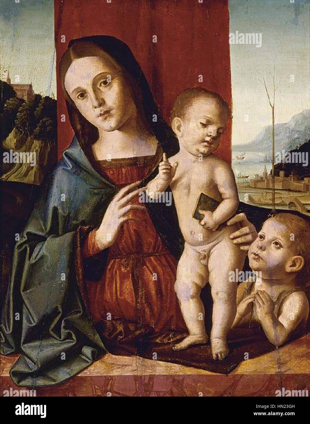 La "Madonna col bambino e il bambino di Marco Palmezzano con San Giovanni Battista" è un dipinto rinascimentale raffigurante la Vergine Maria e il Cristo bambino accanto a San Giovanni Battista. La composizione segue l'iconografia cristiana classica, evidenziando le figure sante con graziosa semplicità. Foto Stock