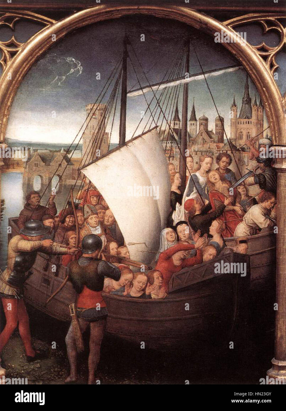 Il "Reliquario di Sant'Ursula" di Hans Memling è un artefatto religioso progettato in modo complesso, che mostra la sua abilità nei dettagli e nella profondità. L'opera enfatizza le sacre reliquie di Sant'Ursula, una venerata figura cristiana, e riflette lo stile gotico della fine del XV secolo. Foto Stock