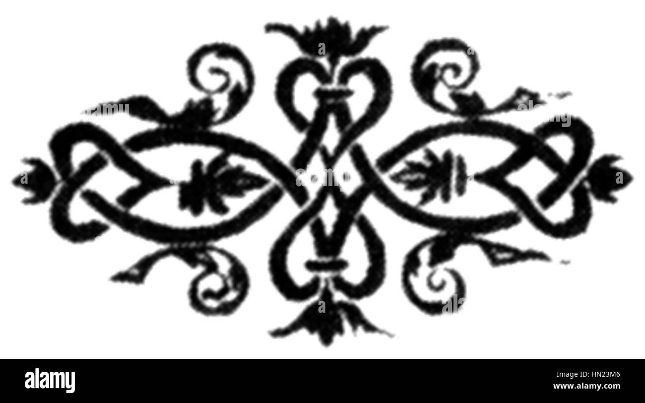 Melantrich-ornament si riferisce ai motivi decorativi utilizzati nelle stampe Melantrich, che sono state prodotte dalla stamperia ceca. Noti per i loro disegni intricati, questi ornamenti furono utilizzati in varie opere stampate durante il XVI secolo. Foto Stock