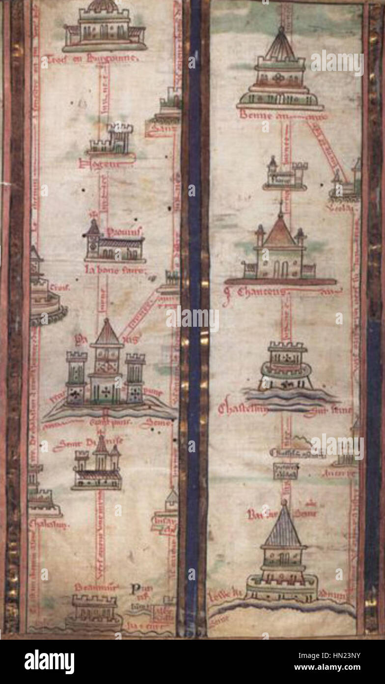 La "MapaMatthewParis" è un'importante mappa medievale attribuita a Matthew Paris. Questa mappa riflette la conoscenza geografica e le pratiche cartografiche del XIII secolo, fornendo una rappresentazione visiva dettagliata dell'Europa medievale. Foto Stock