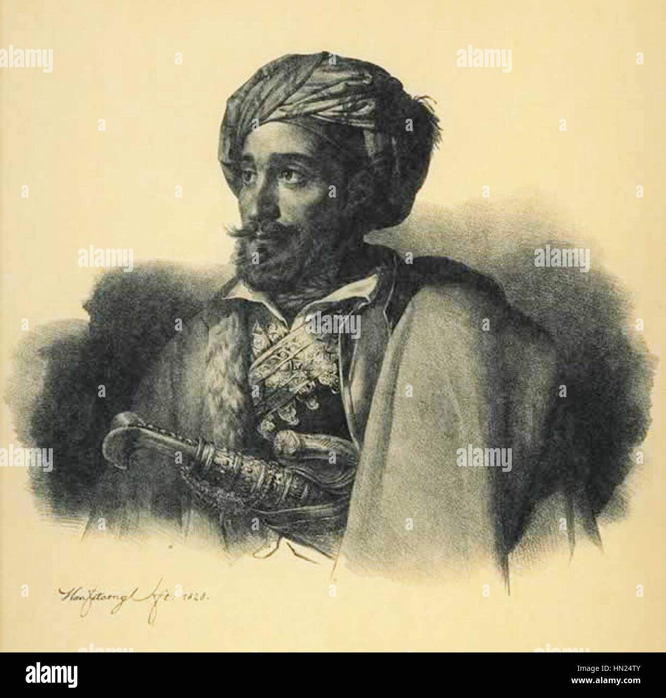 Makrigiannis era un importante leader rivoluzionario greco, noto per il suo ruolo fondamentale nella guerra d'indipendenza greca. Il suo ritratto riflette il suo status di eroe nazionale e il suo significato nella lotta per la libertà greca dal dominio ottomano. Foto Stock