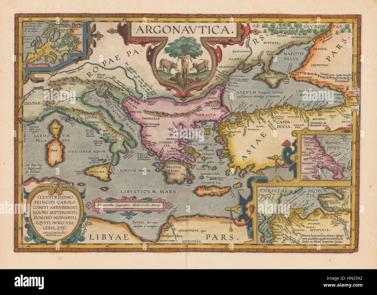 Questa mappa storica illustra il percorso degli Argonauti durante il loro viaggio mitologico alla ricerca del Toson d'oro. La mappa evidenzia i luoghi chiave della mitologia greca, fornendo una rappresentazione visiva del viaggio leggendario. Foto Stock