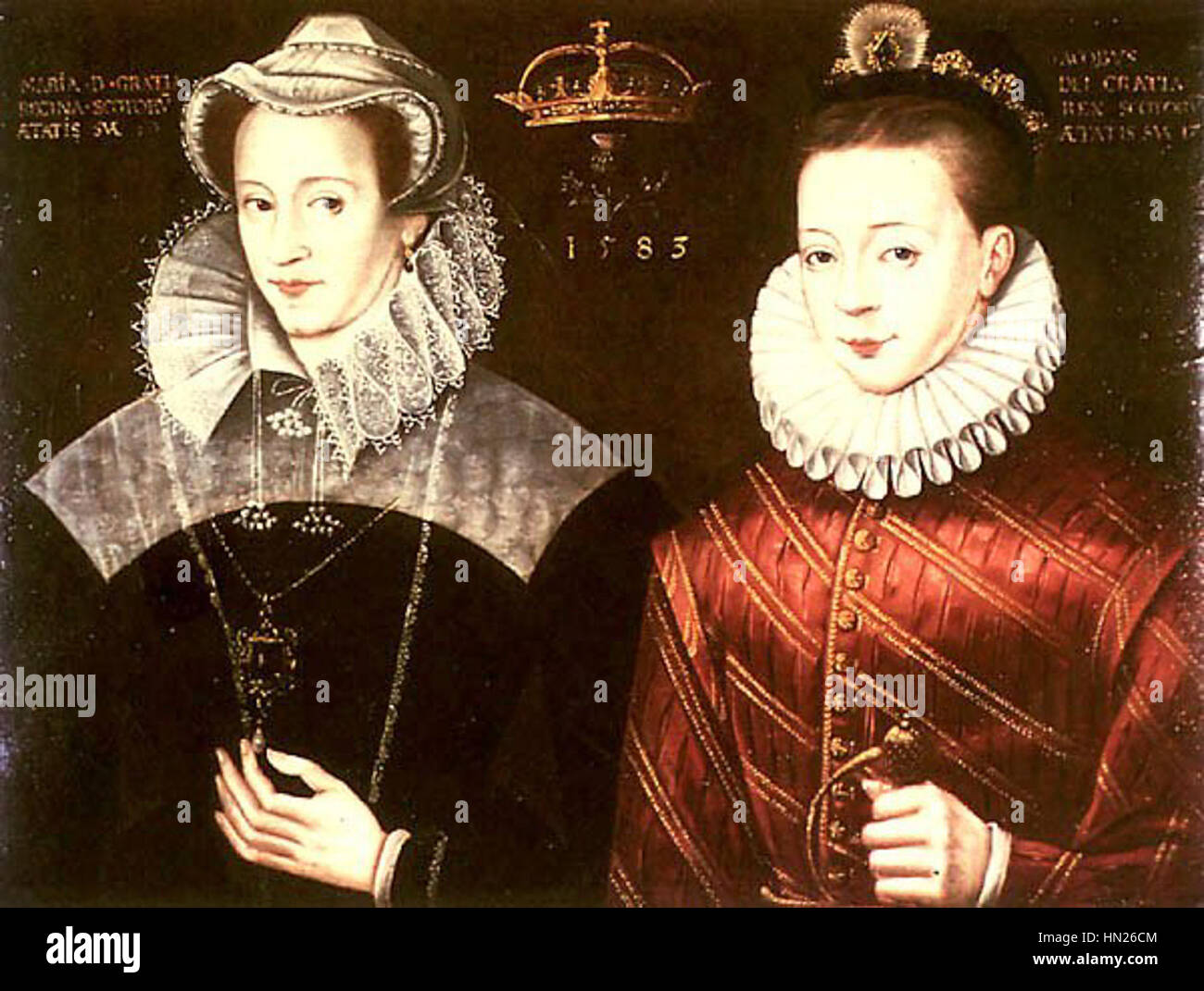 Una rappresentazione di Maria Stuart James, probabilmente riferita a Maria Stuart, regina di Scozia, e al suo tumultuoso regno. Questa opera d'arte potrebbe riflettere la sua complessa storia e le sue lotte politiche, incentrate sul suo regno in Scozia durante il XVI secolo. Foto Stock