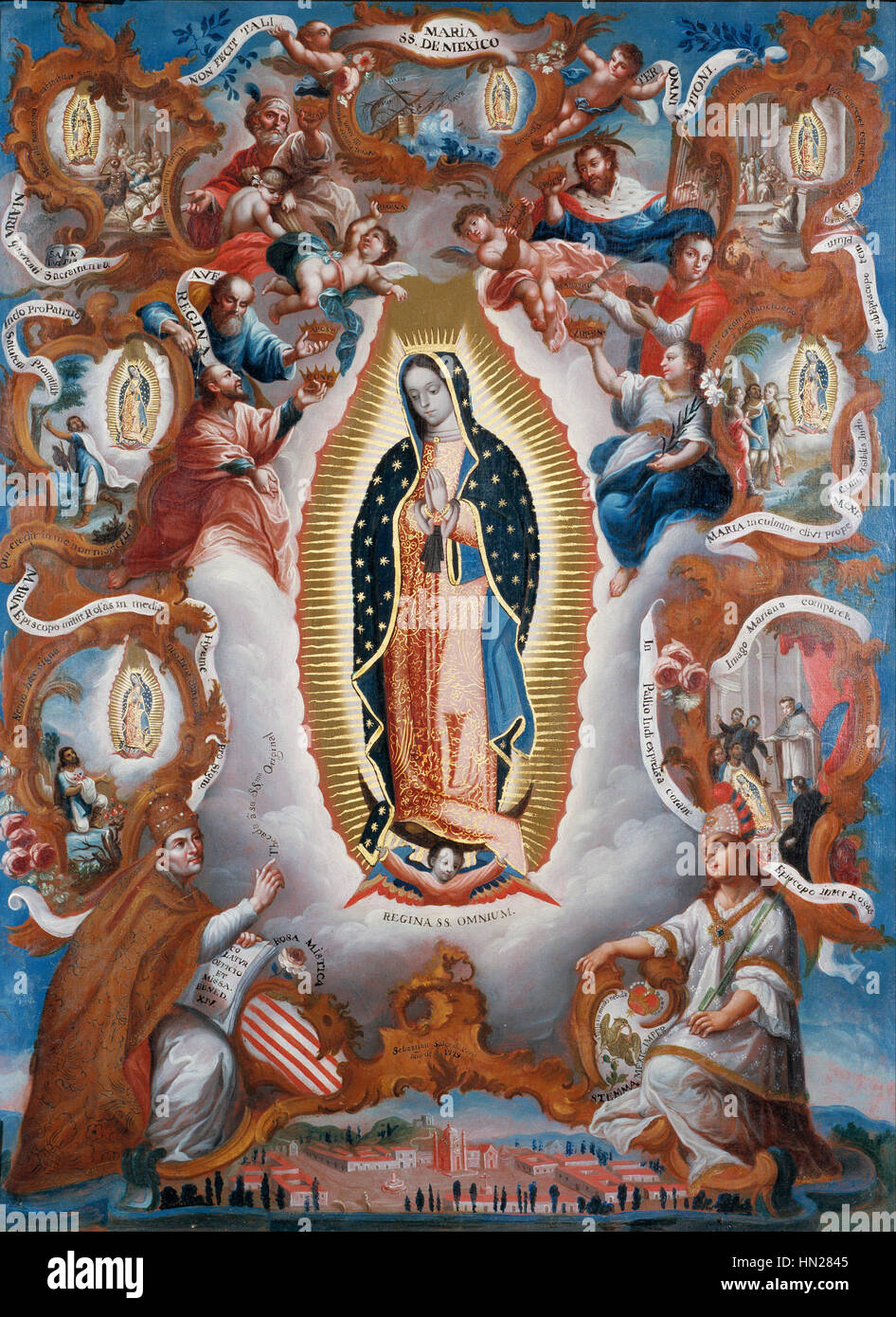 La "Vergine di Guadalupe" è un'immagine religiosa molto venerata in Messico, che rappresenta l'apparizione della Vergine Maria a Juan Diego nel 1531. Questa rappresentazione iconica è centrale per la fede cattolica messicana e l'identità culturale. Foto Stock