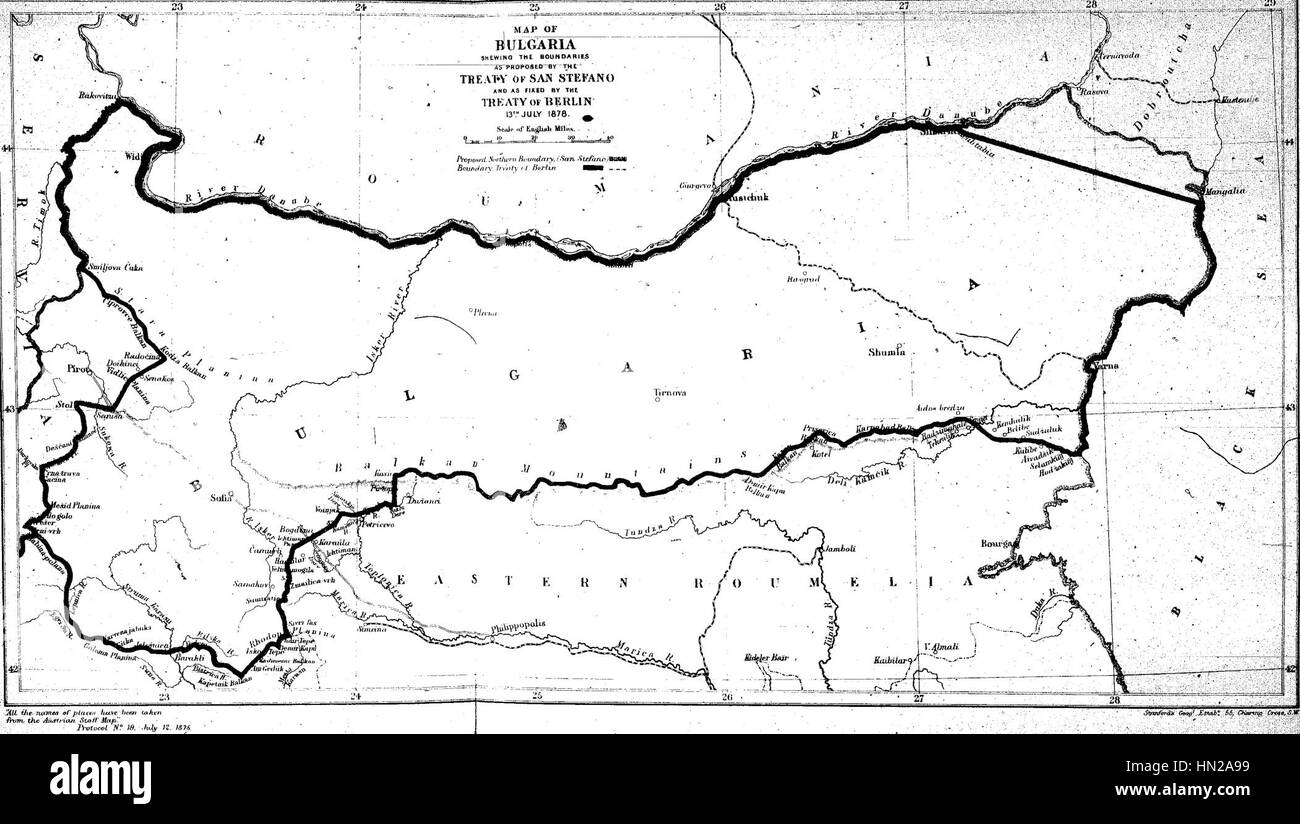 Mappa di Bulgaria annunziando i confini come proposto dal trattato di San Stefano e fissata dal Trattato di Berlino. 18 luglio 1878 Foto Stock