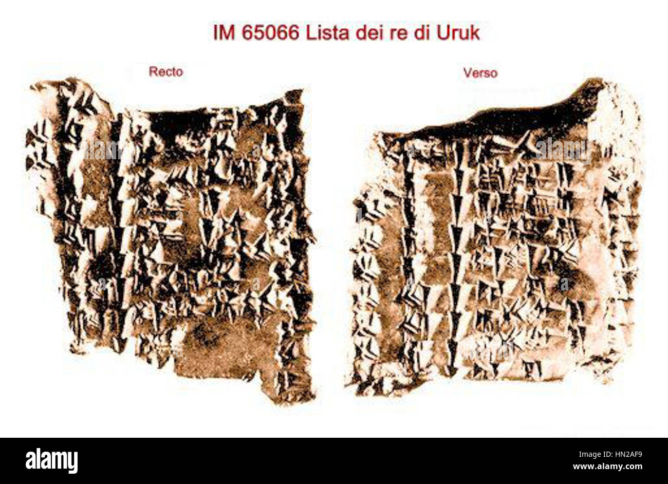 La "Lista dei Re di Uruk" (Lista dei Re di Uruk) è una tavoletta cuneiforme che descrive la successione dei sovrani dell'antica città di Uruk. Questo manufatto storico fornisce informazioni sui primi periodi dinastici della Mesopotamia, mostrando i nomi dei governanti e le lunghezze del regno. Foto Stock