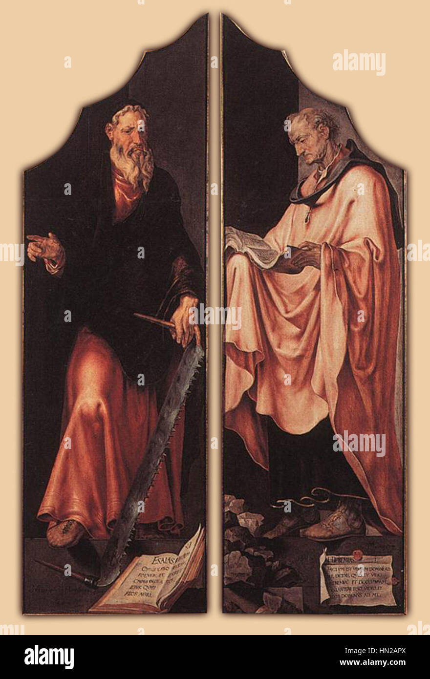 Il "Trittico della deposizione" (chiuso) di Maarten van Heemskerck raffigura la scena biblica della sepoltura di Cristo in un formato a tre pannelli. La pala d'altare, comune nell'arte religiosa rinascimentale, mette in mostra l'atmosfera luttuosa e i temi religiosi del sacrificio e della morte. Foto Stock