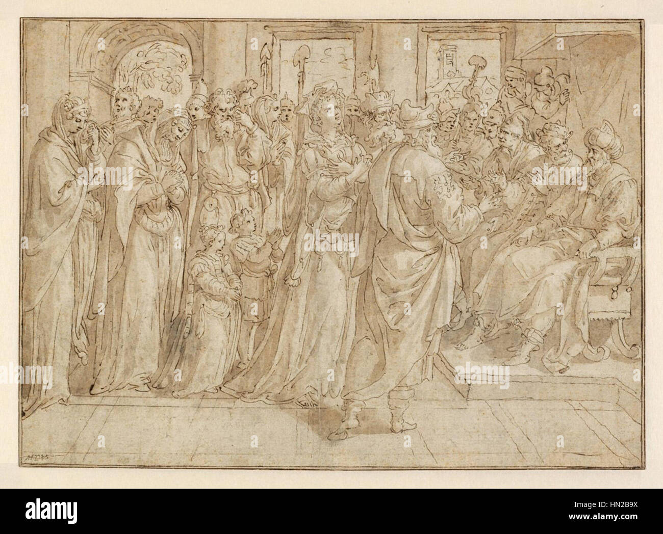 Il dipinto di Maerten de Vos raffigura la storia biblica di Susanna, falsamente accusata di adulterio dagli anziani. La scena è caratterizzata da espressioni drammatiche e intricati dettagli, evidenziando temi di virtù, false accuse e integrità morale. Foto Stock