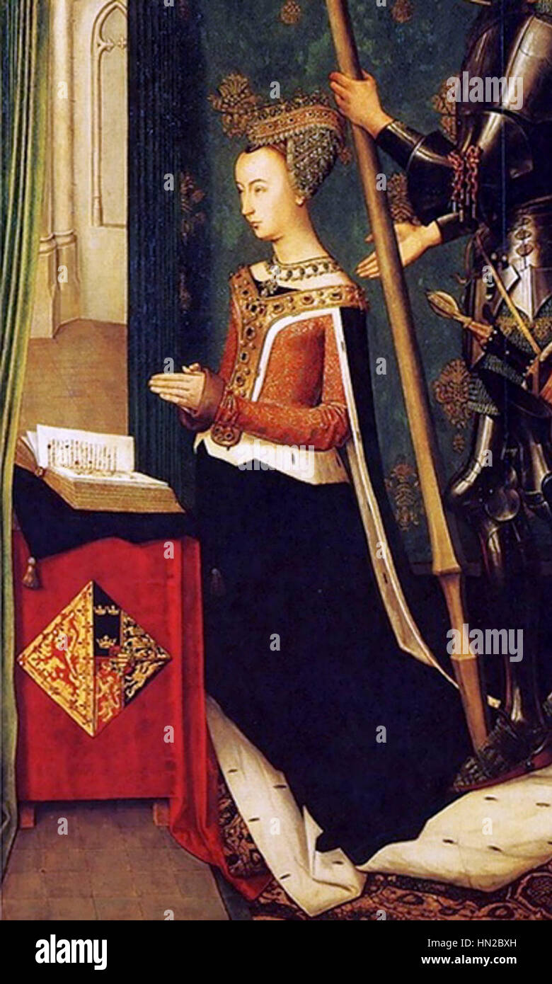 Questo ritratto di Margherita di Scozia, dipinto da Hugo van der Goes nel 1469, presenta una rappresentazione dettagliata e realistica della regina, mostrando il suo status reale e lo stile della ritrattistica tardo gotica. Foto Stock Questo ritratto di Margherita di Scozia, dipinto da Hugo van der Goes nel 1469, presenta una rappresentazione dettagliata e realistica della regina, mostrando il suo status reale e lo stile della ritrattistica tardo gotica. Foto Stock
